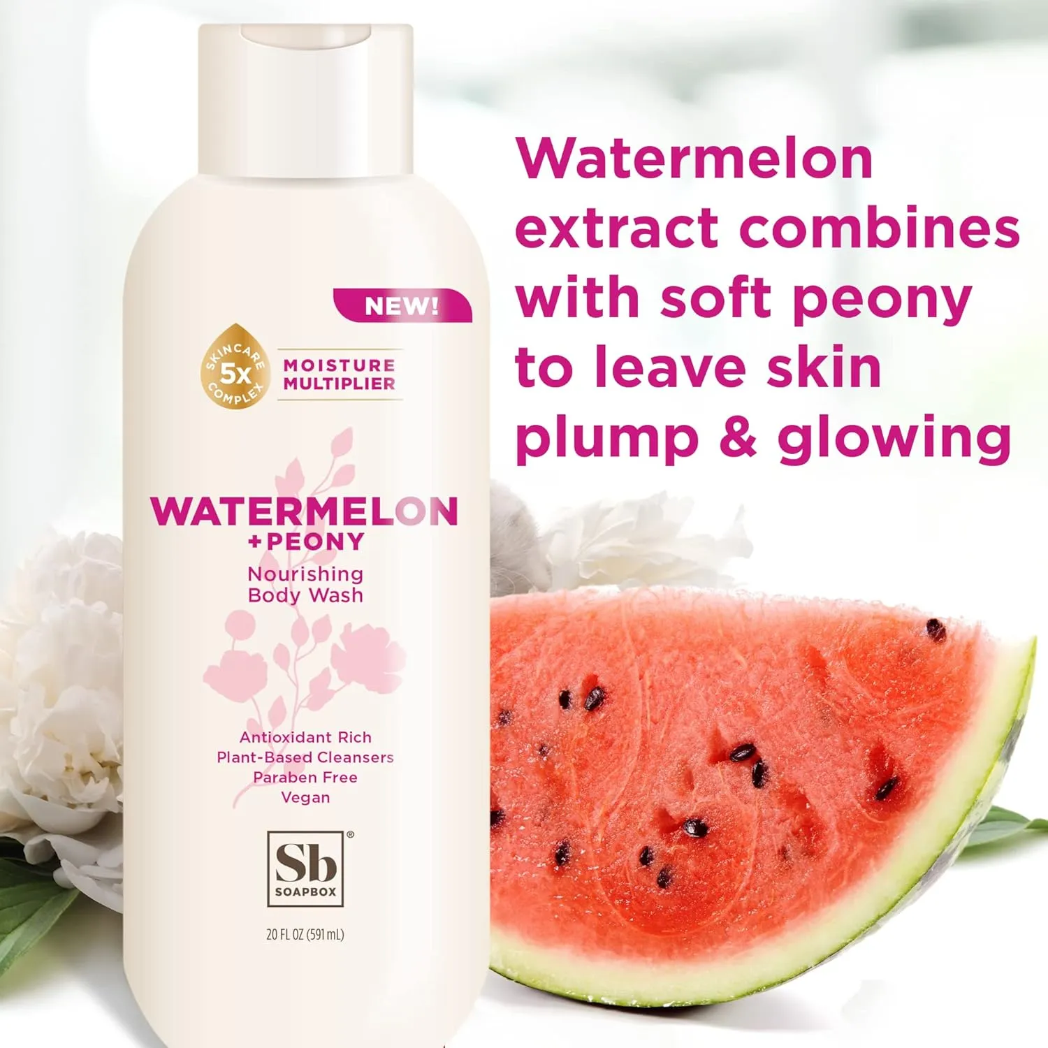 Soapbox Body Wash, Watermelon   Peony Body Wash for Women, Men, Vegan & Antioxidant Rich, Exfoliating, Moisturizing Soap with Shea Butter, Peptides & Keratin Promoting B3, 3 Pack, 20oz Each