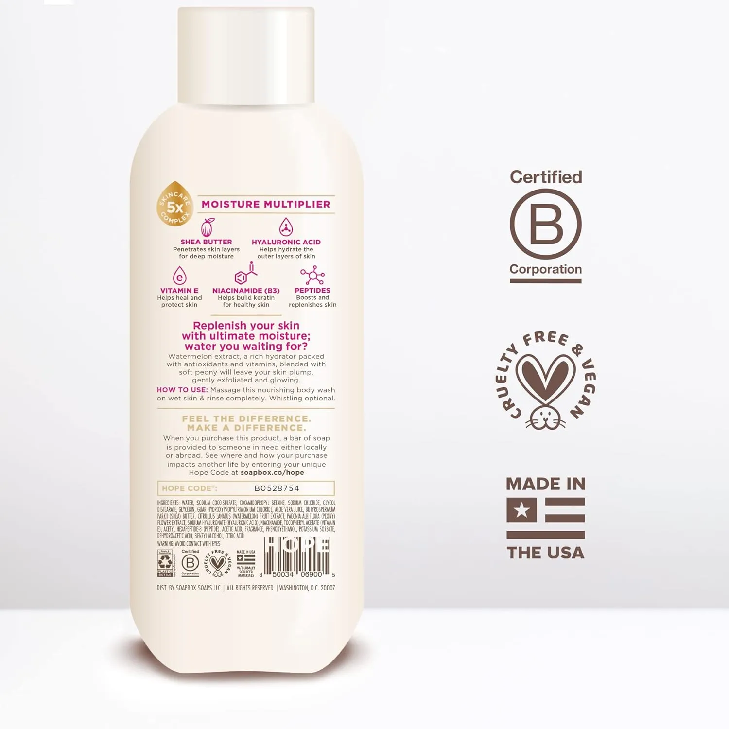 Soapbox Body Wash, Watermelon   Peony Body Wash for Women, Men, Vegan & Antioxidant Rich, Exfoliating, Moisturizing Soap with Shea Butter, Peptides & Keratin Promoting B3, 3 Pack, 20oz Each