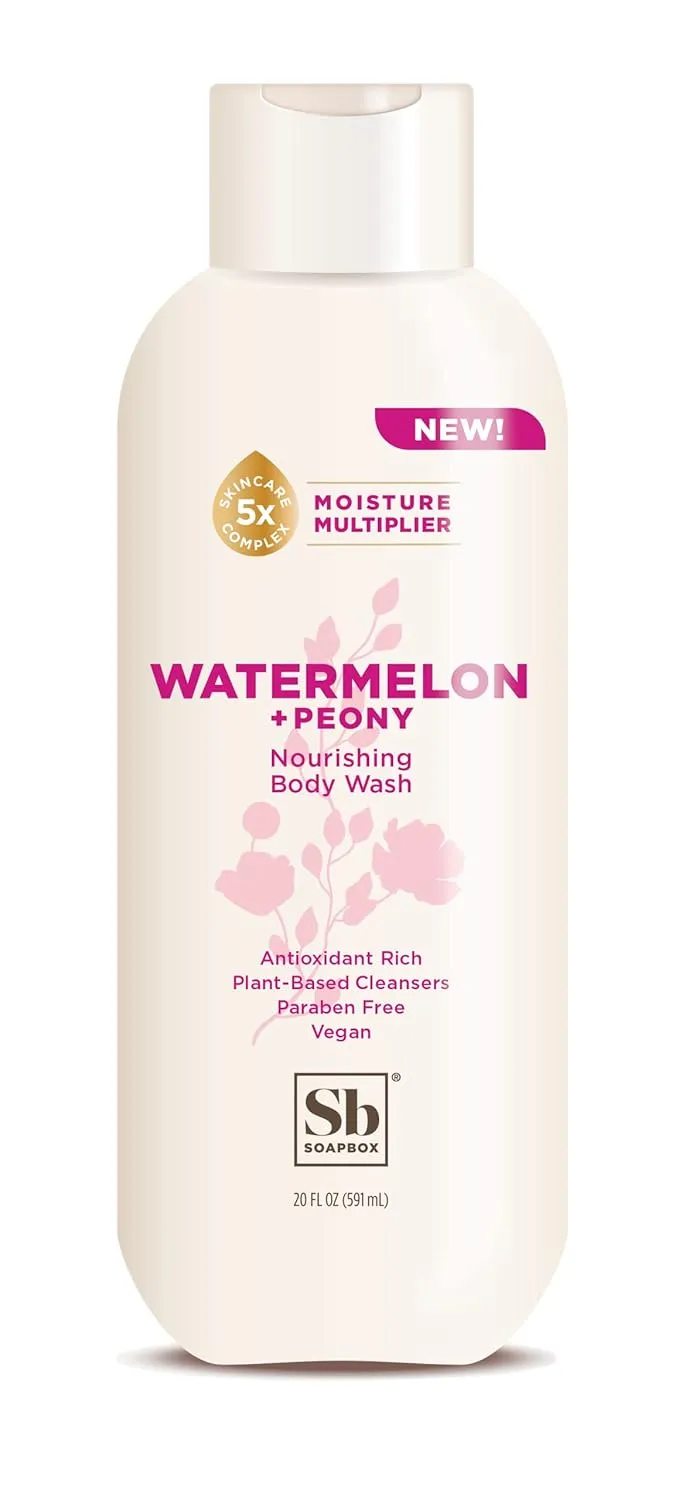 Soapbox Body Wash, Watermelon   Peony Body Wash for Women, Men, Vegan & Antioxidant Rich, Exfoliating, Moisturizing Soap with Shea Butter, Peptides & Keratin Promoting B3, 3 Pack, 20oz Each