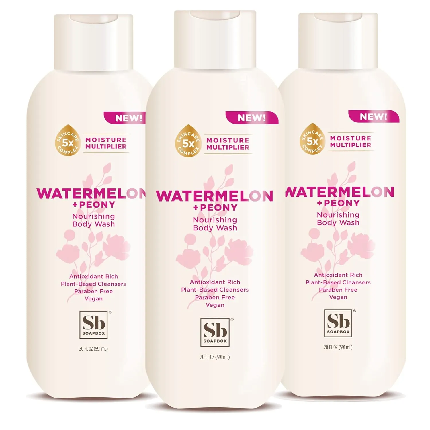 Soapbox Body Wash, Watermelon   Peony Body Wash for Women, Men, Vegan & Antioxidant Rich, Exfoliating, Moisturizing Soap with Shea Butter, Peptides & Keratin Promoting B3, 3 Pack, 20oz Each