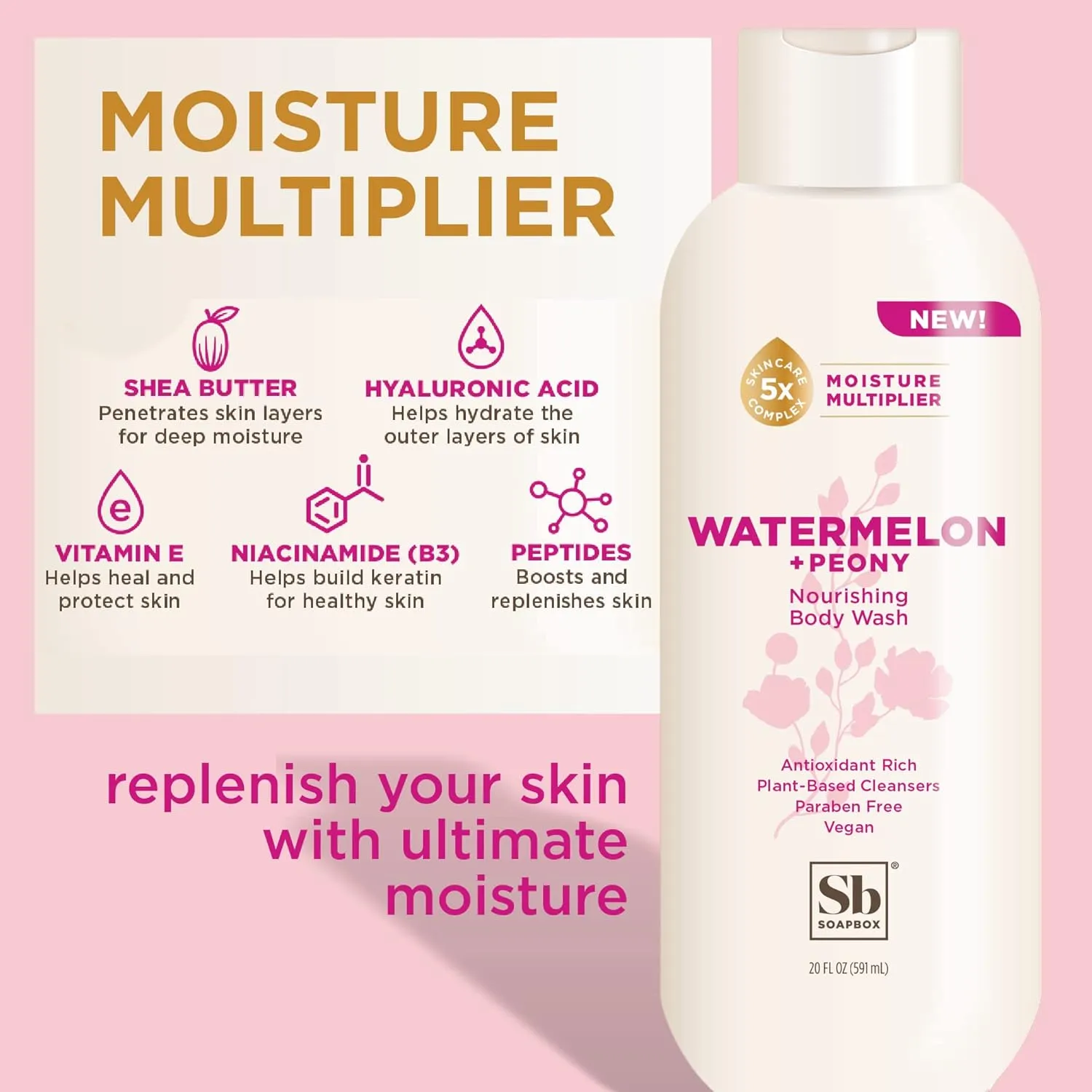 Soapbox Body Wash, Watermelon   Peony Body Wash for Women, Men, Vegan & Antioxidant Rich, Exfoliating, Moisturizing Soap with Shea Butter, Peptides & Keratin Promoting B3, 3 Pack, 20oz Each