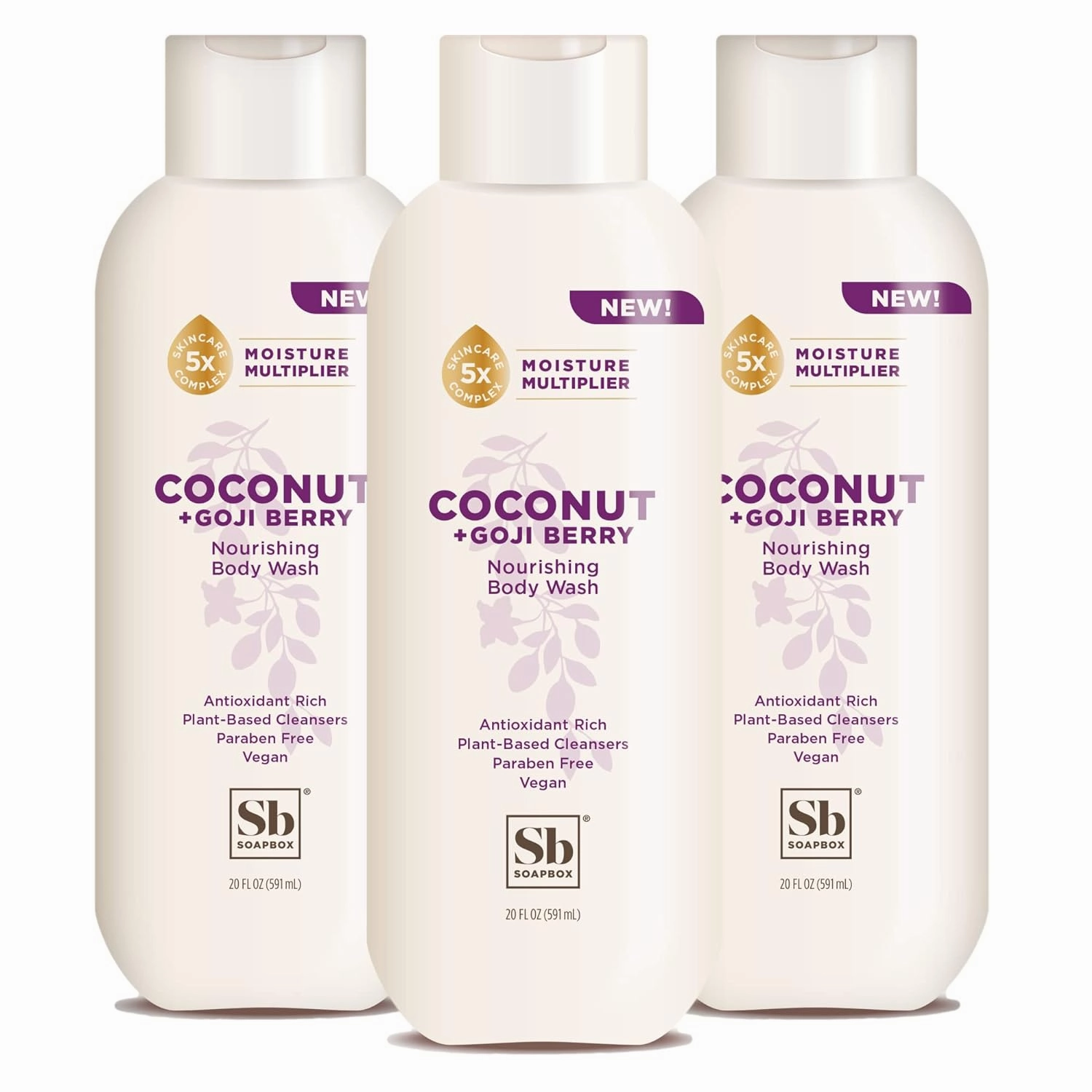 Soapbox Body Wash, Coconut   Goji Berry Body Wash for Women, Men, Vegan   Antioxidant Rich Moisturizing Soap with Shea Butter, Peptides & Keratin Promoting B3, 3 Pack, 20oz Each