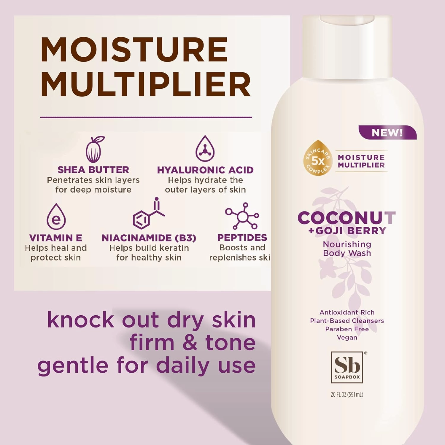 Soapbox Body Wash, Coconut   Goji Berry Body Wash for Women, Men, Vegan   Antioxidant Rich Moisturizing Soap with Shea Butter, Peptides & Keratin Promoting B3, 3 Pack, 20oz Each