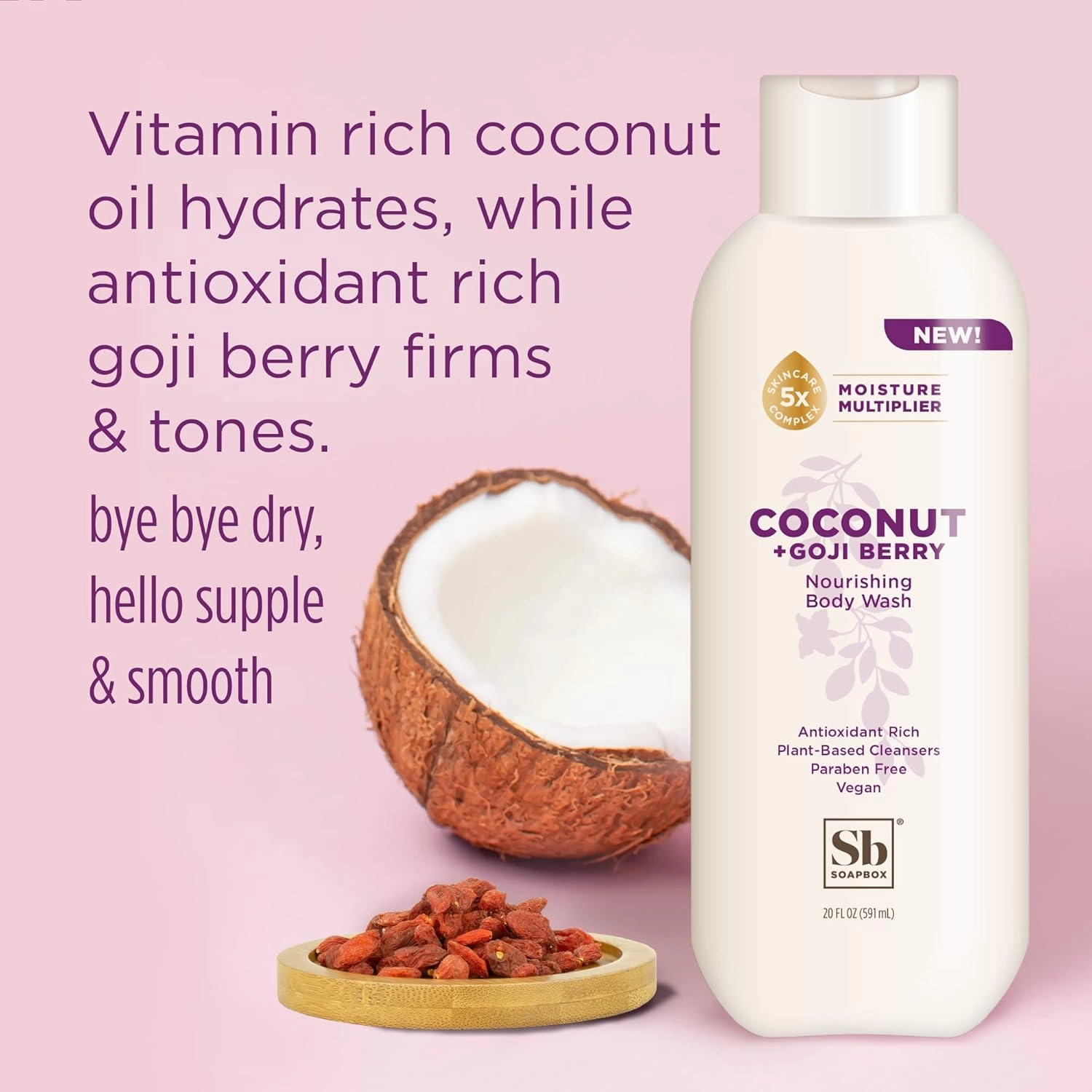 Soapbox Body Wash, Coconut   Goji Berry Body Wash for Women, Men, Vegan   Antioxidant Rich Moisturizing Soap with Shea Butter, Peptides & Keratin Promoting B3, 3 Pack, 20oz Each