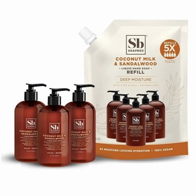 Soapbox Coconut Milk & Sandalwood Liquid Hand Soap Combo Pack, 3 Pack of 12oz Bottles   64oz Half Gallon Refill