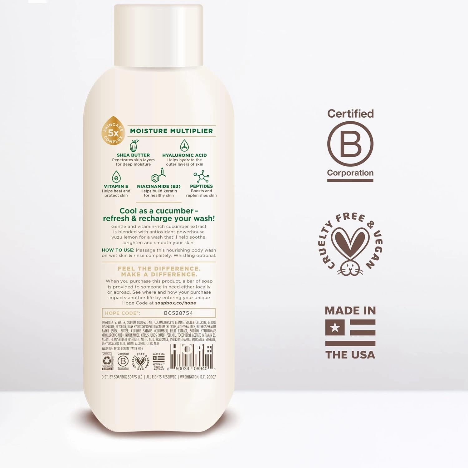 Soapbox Cucumber   Yuzu Lemon Body Wash for Women, Men, Vegan   Antioxidant Rich, Soothing, Moisturizing Soap with Shea Butter, Peptides & Keratin Promoting B3, 3 Pack, 20oz Each