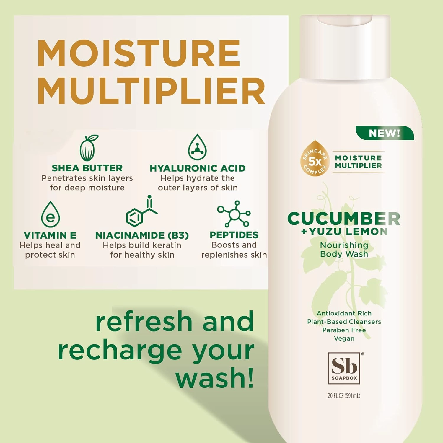 Soapbox Cucumber   Yuzu Lemon Body Wash for Women, Men, Vegan   Antioxidant Rich, Soothing, Moisturizing Soap with Shea Butter, Peptides & Keratin Promoting B3, 3 Pack, 20oz Each