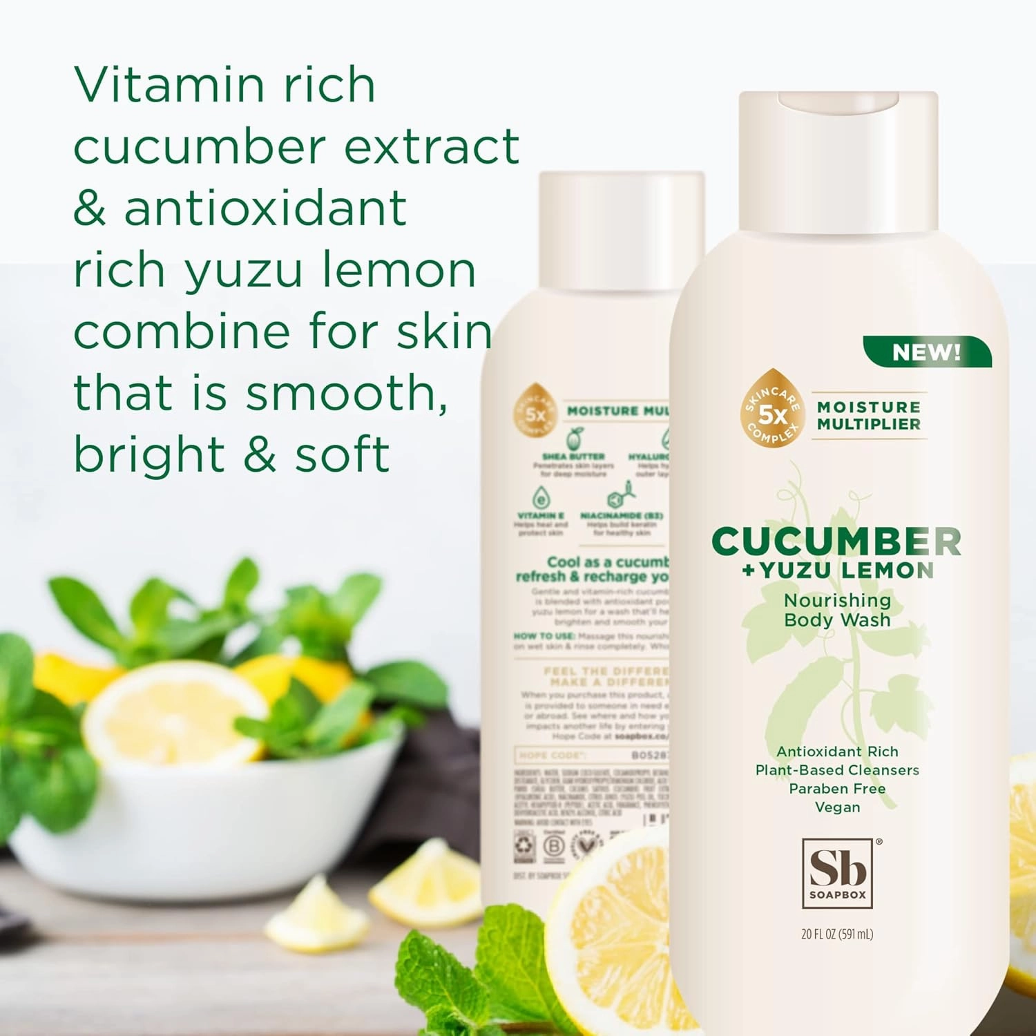 Soapbox Cucumber   Yuzu Lemon Body Wash for Women, Men, Vegan   Antioxidant Rich, Soothing, Moisturizing Soap with Shea Butter, Peptides & Keratin Promoting B3, 3 Pack, 20oz Each