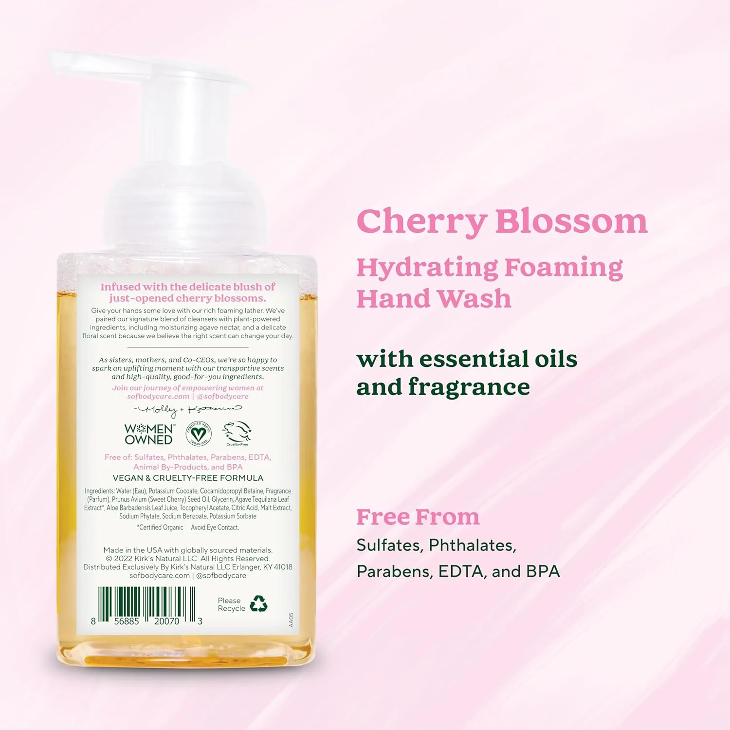 SoF Hydrating Foaming Hand Wash - with Organic Agave Nectar & Coconut Oil- Vegan & Non GMO- Free from Phthalates, Sulfates & Parabens- Cherry Blossom - 8 oz Bottle 3 Pack
