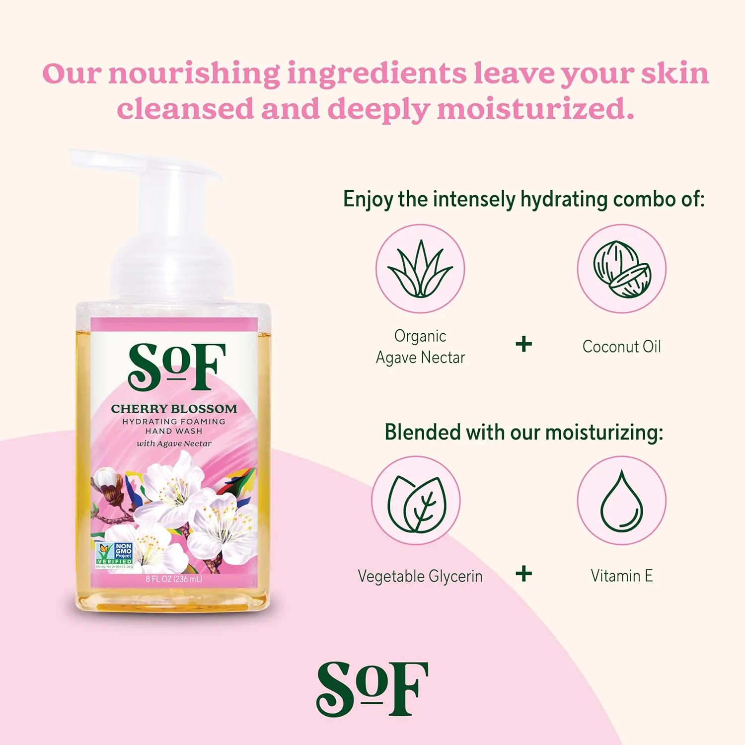 SoF Hydrating Foaming Hand Wash - with Organic Agave Nectar & Coconut Oil- Vegan & Non GMO- Free from Phthalates, Sulfates & Parabens- Cherry Blossom - 8 oz Bottle 3 Pack