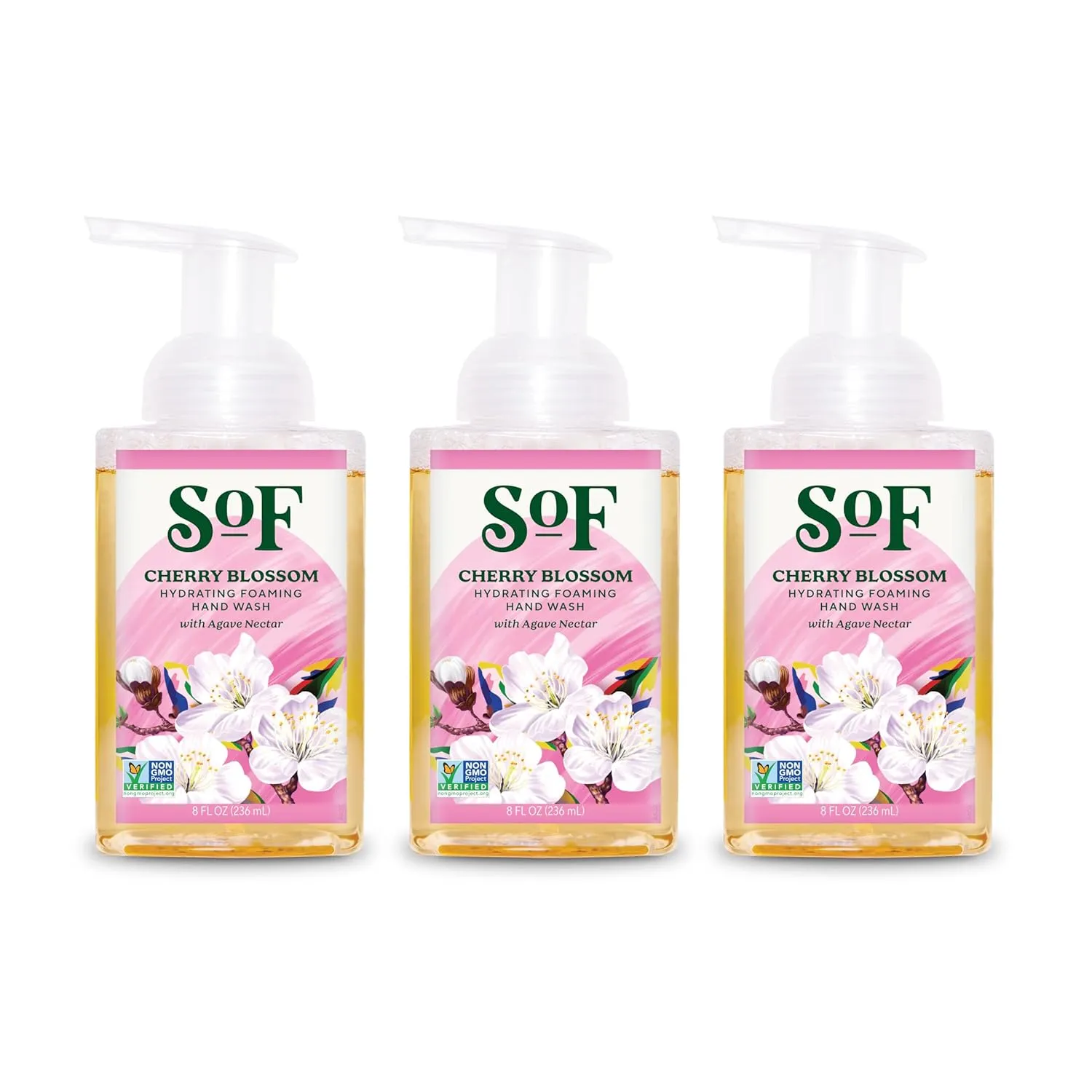 SoF Hydrating Foaming Hand Wash - with Organic Agave Nectar & Coconut Oil- Vegan & Non GMO- Free from Phthalates, Sulfates & Parabens- Cherry Blossom - 8 oz Bottle 3 Pack