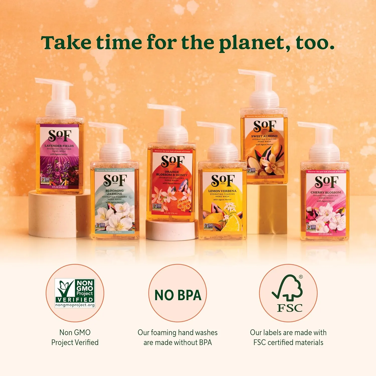 SoF Hydrating Foaming Hand Wash - With Organic Agave Nectar & Coconut Oil- Vegan & Non GMO- Free From Phthalates, Sulfates & Parabens- Orange Blossom & Honey - 8 oz Bottle 3 Pack