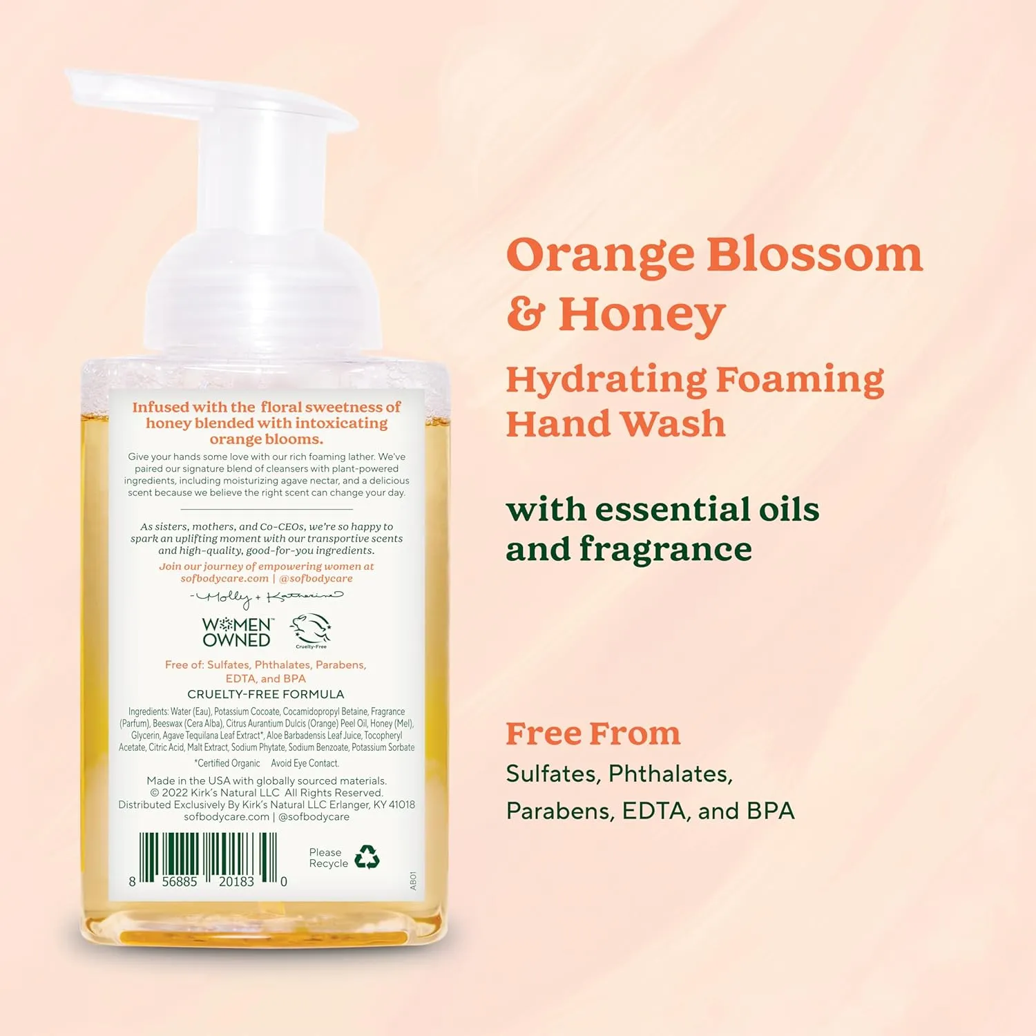 SoF Hydrating Foaming Hand Wash - With Organic Agave Nectar & Coconut Oil- Vegan & Non GMO- Free From Phthalates, Sulfates & Parabens- Orange Blossom & Honey - 8 oz Bottle 3 Pack
