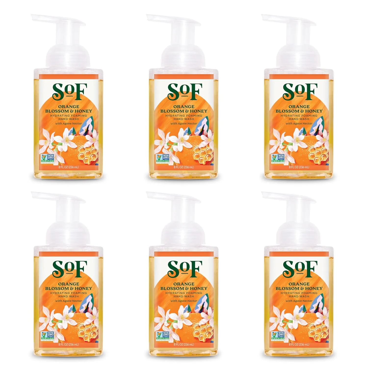 SoF Hydrating Foaming Hand Wash - With Organic Agave Nectar & Coconut Oil- Vegan & Non GMO- Free From Phthalates, Sulfates & Parabens- Orange Blossom & Honey - 8 oz Bottle 6 Pack