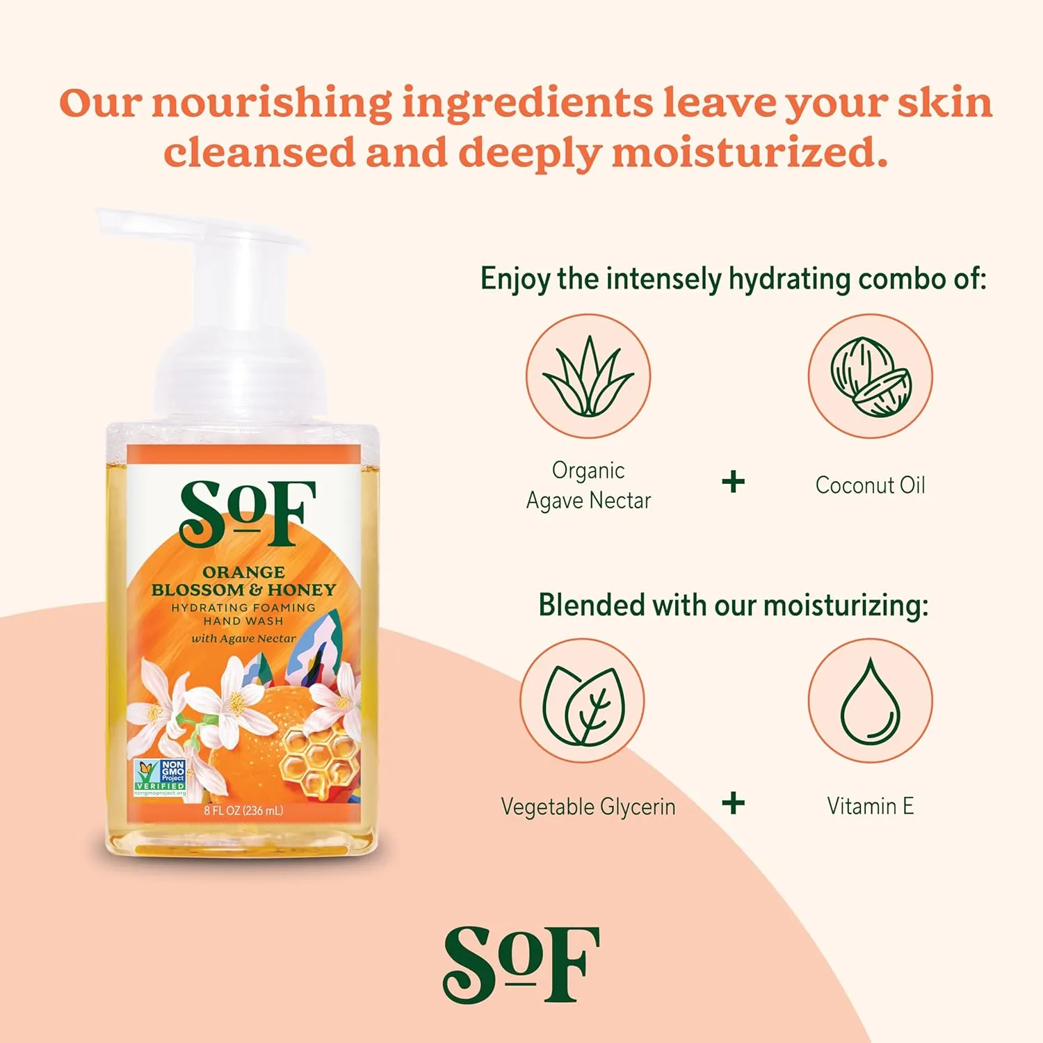 SoF Hydrating Foaming Hand Wash - With Organic Agave Nectar & Coconut Oil- Vegan & Non GMO- Free From Phthalates, Sulfates & Parabens- Orange Blossom & Honey - 8 oz Bottle 6 Pack