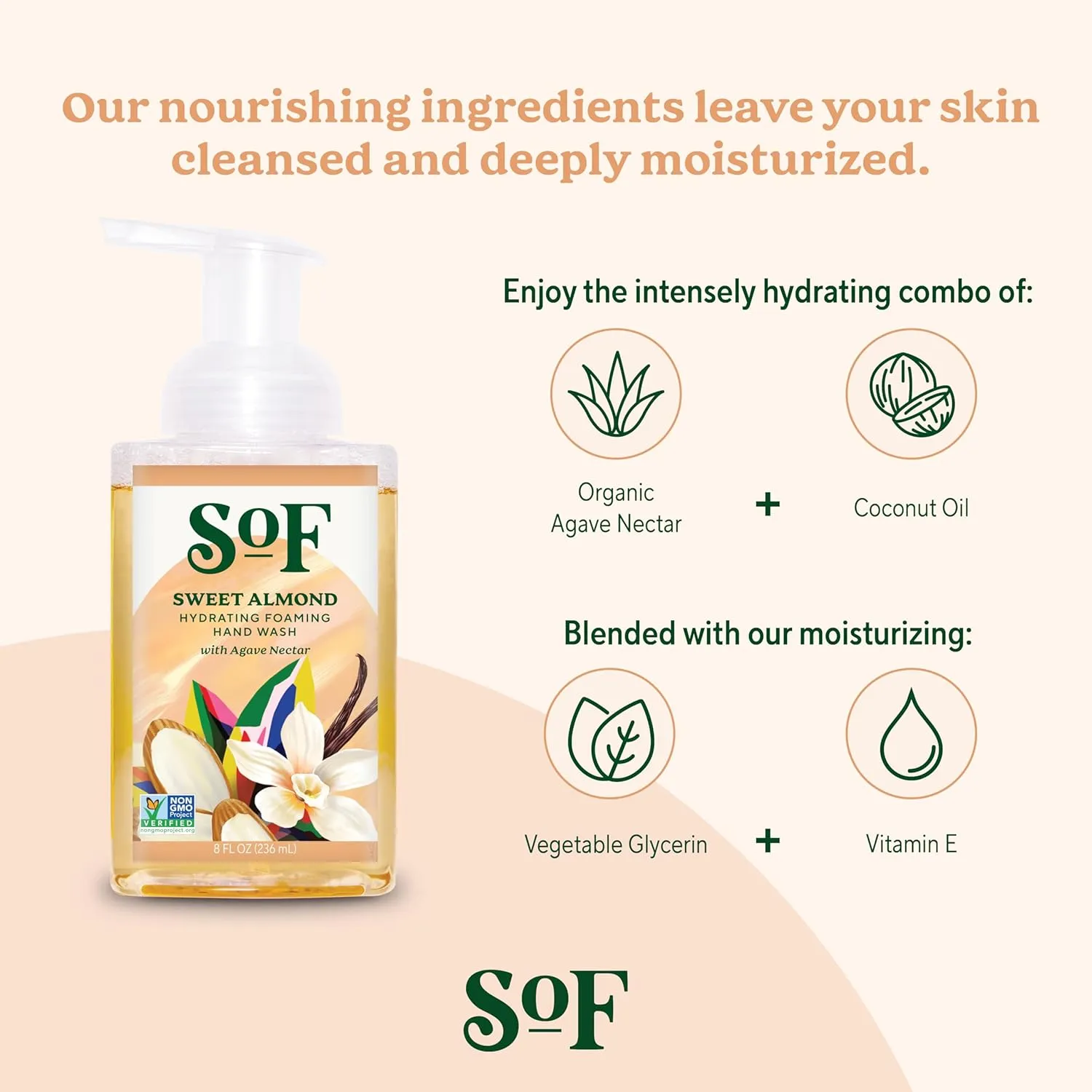 SoF Hydrating Foaming Hand Wash - With Organic Agave Nectar & Coconut Oil- Vegan & Non GMO- Free From Phthalates, Sulfates & Parabens- Sweet Almond - 8 oz Bottle 6 Pack