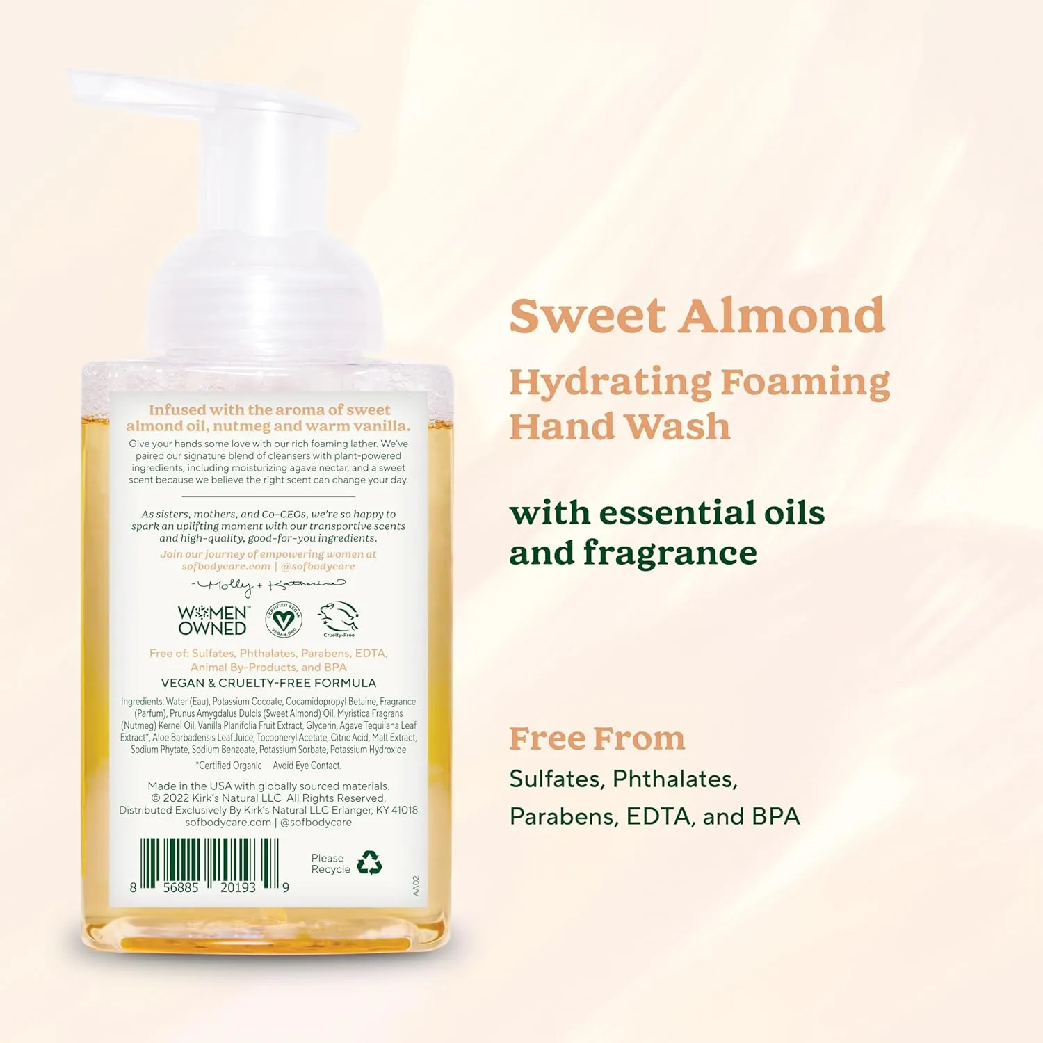 SoF Hydrating Foaming Hand Wash - With Organic Agave Nectar & Coconut Oil- Vegan & Non GMO- Free From Phthalates, Sulfates & Parabens- Sweet Almond - 8 oz Bottle 6 Pack