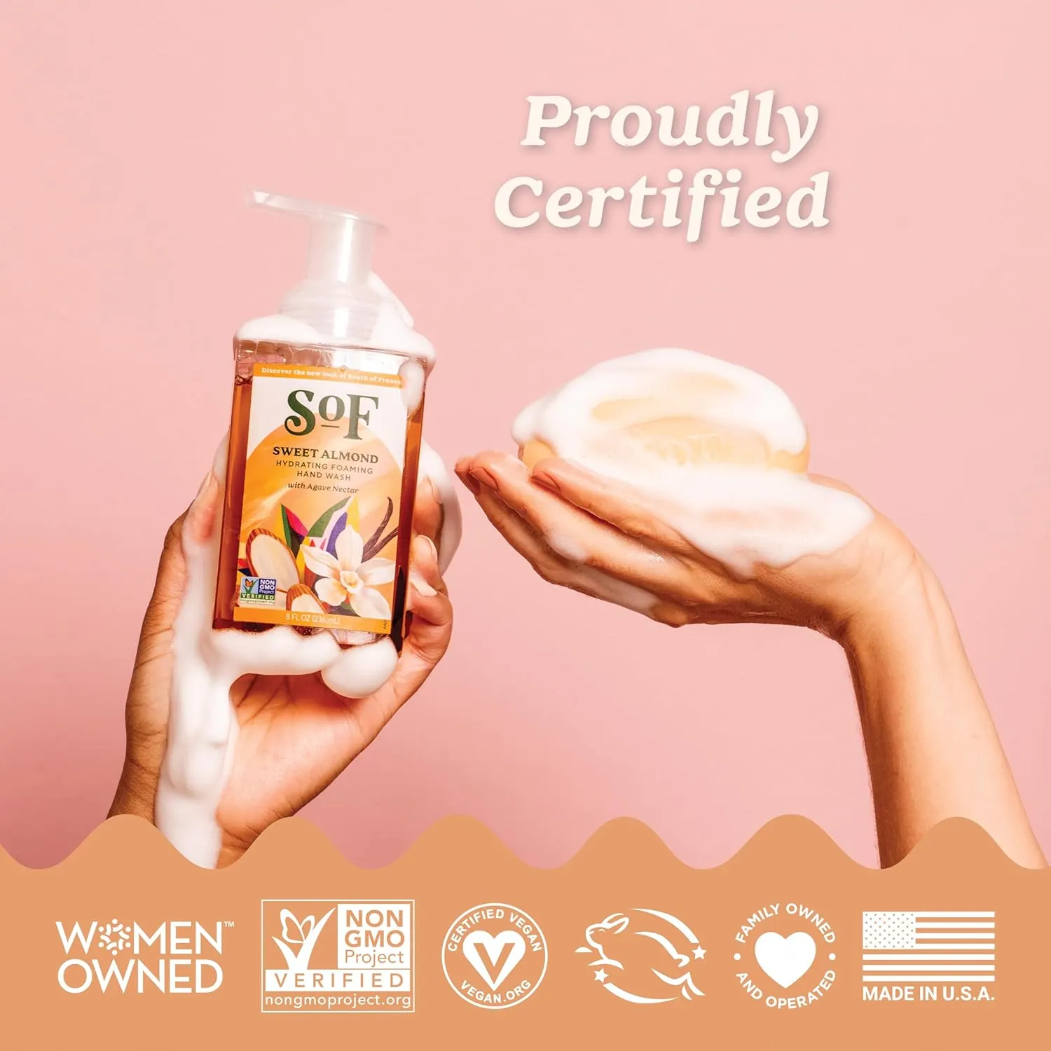 SoF Hydrating Foaming Hand Wash - With Organic Agave Nectar & Coconut Oil- Vegan & Non GMO- Free From Phthalates, Sulfates & Parabens- Sweet Almond - 8 oz Bottle 6 Pack