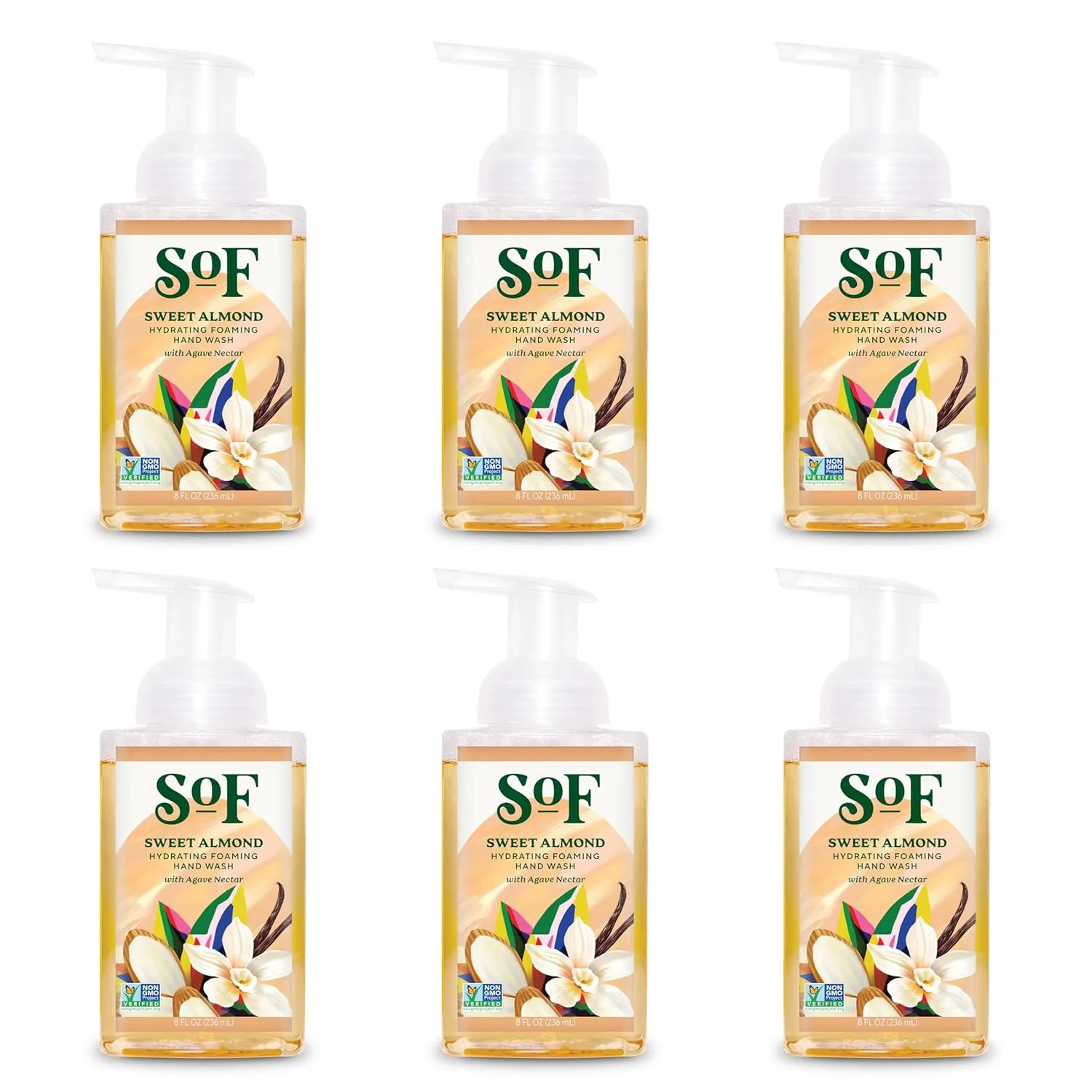 SoF Hydrating Foaming Hand Wash - With Organic Agave Nectar & Coconut Oil- Vegan & Non GMO- Free From Phthalates, Sulfates & Parabens- Sweet Almond - 8 oz Bottle 6 Pack