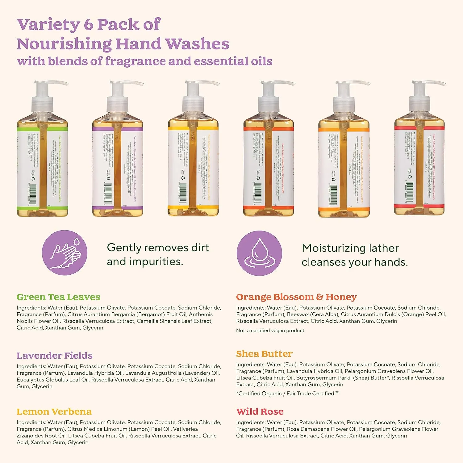 SoF Nourishing Hand Wash - With Moisturizing Sea Algae, Coconut & Olive Oil- Vegan & Non GMO- Free From Phthalates, Sulfates & Parabens- 8 oz Bottle 6 Pack