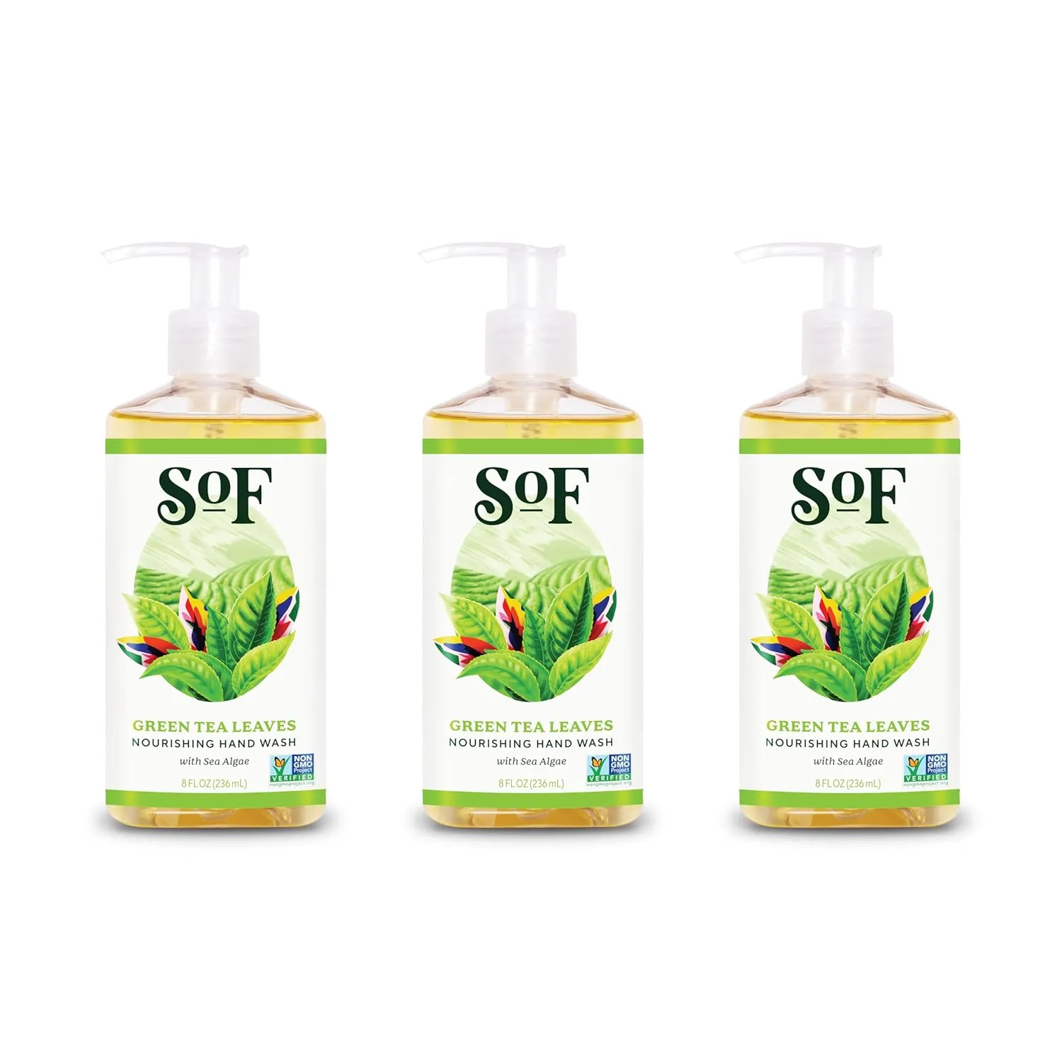 SoF Nourishing Hand Wash - With Moisturizing Sea Algae, Coconut & Olive Oil- Vegan & Non GMO- Free From Phthalates, Sulfates & Parabens- Green Tea Leaves - 8 oz Bottle 3 Pack