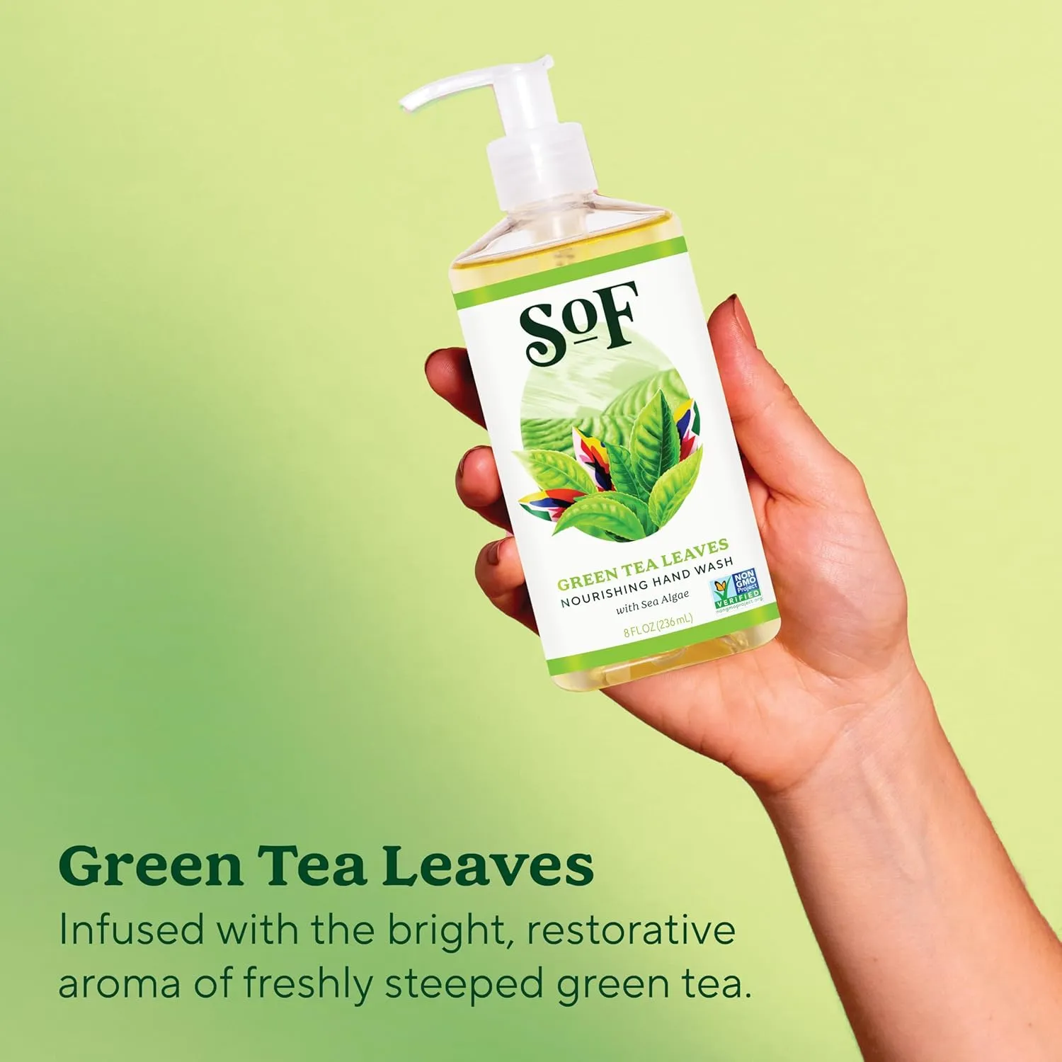 SoF Nourishing Hand Wash - With Moisturizing Sea Algae, Coconut & Olive Oil- Vegan & Non GMO- Free From Phthalates, Sulfates & Parabens- Green Tea Leaves - 8 oz Bottle 3 Pack
