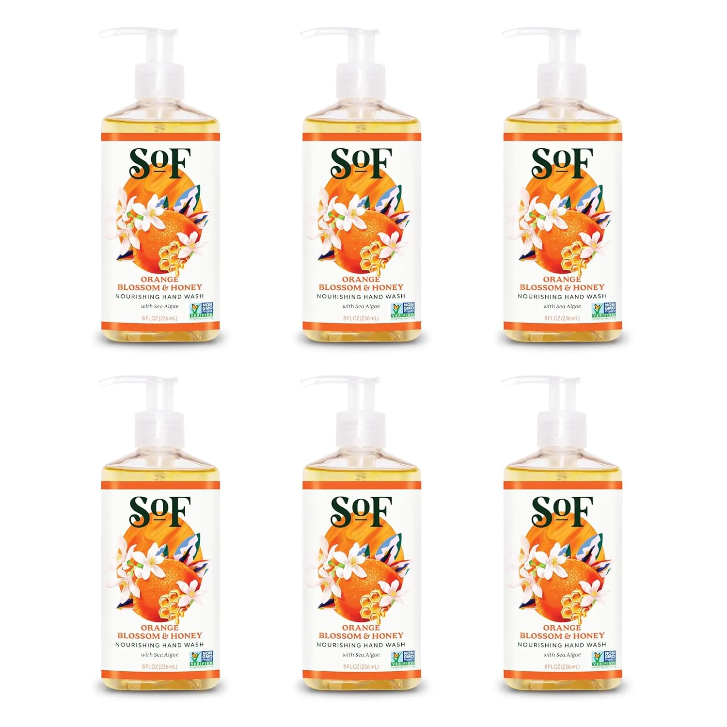 SoF Nourishing Hand Wash - With Moisturizing Sea Algae, Coconut & Olive Oil- Vegan & Non GMO- Free From Phthalates, Sulfates & Parabens- Orange Blossom & Honey - 8 oz Bottle 6 Pack