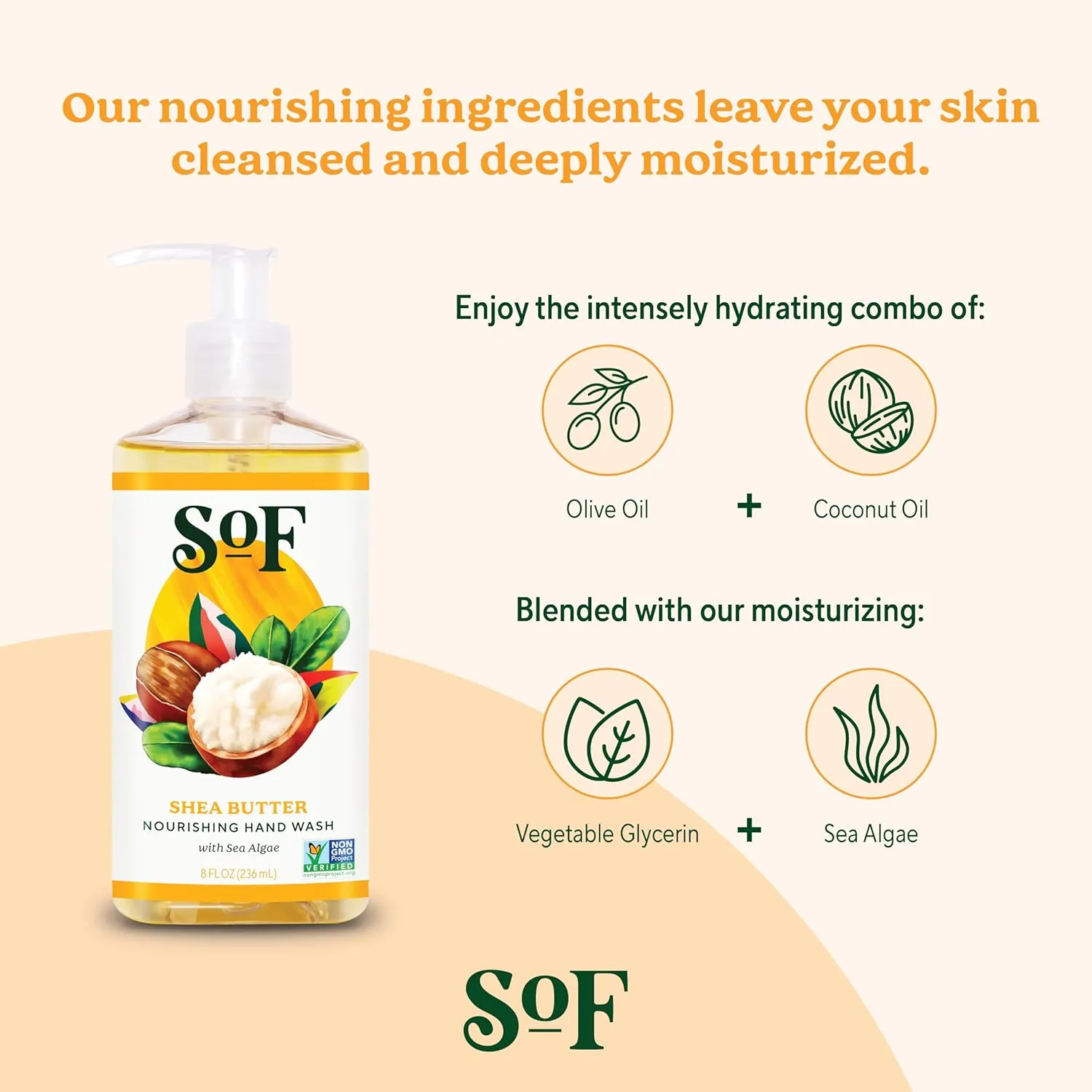SoF Nourishing Hand Wash - With Moisturizing Sea Algae, Coconut & Olive Oil- Vegan & Non GMO- Free From Phthalates, Sulfates & Parabens- Shea Butter - 8 oz Bottle 6 Pack