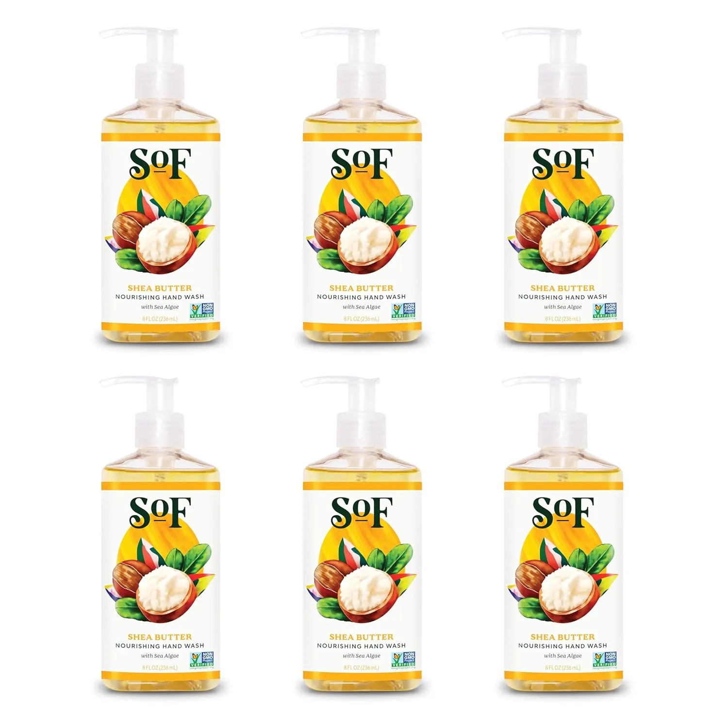 SoF Nourishing Hand Wash - With Moisturizing Sea Algae, Coconut & Olive Oil- Vegan & Non GMO- Free From Phthalates, Sulfates & Parabens- Shea Butter - 8 oz Bottle 6 Pack