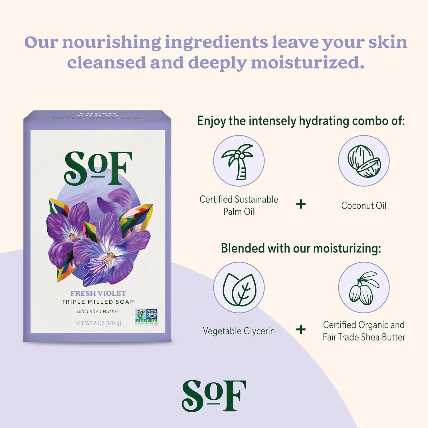 SoF Triple Milled Bar Soap - With Coconut Oil & Organic Shea Butter- Vegan & Non GMO- Free From Phthalates, Sulfates & Parabens- Fresh Violet- 6 oz Bar 6 Bars