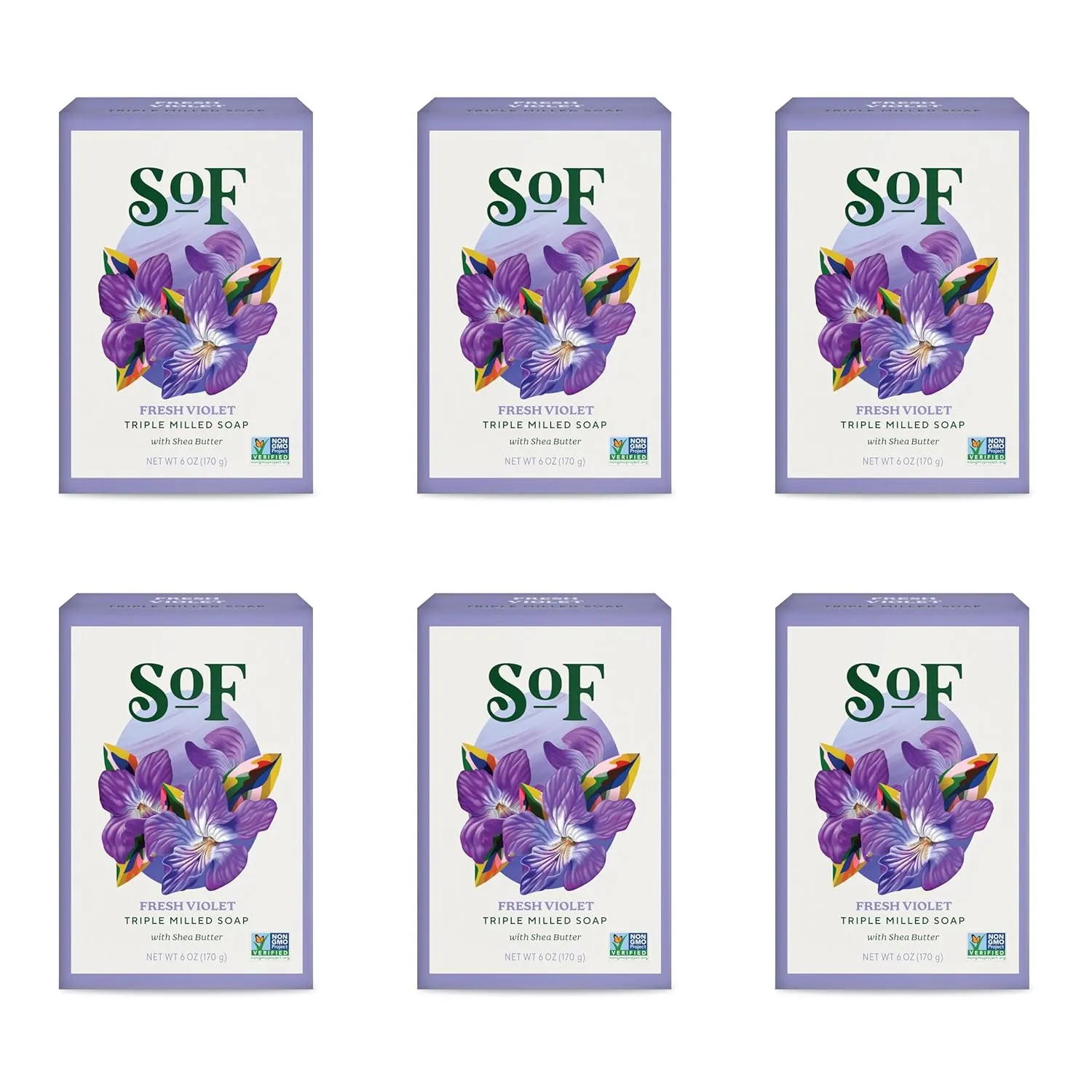 SoF Triple Milled Bar Soap - With Coconut Oil & Organic Shea Butter- Vegan & Non GMO- Free From Phthalates, Sulfates & Parabens- Fresh Violet- 6 oz Bar 6 Bars