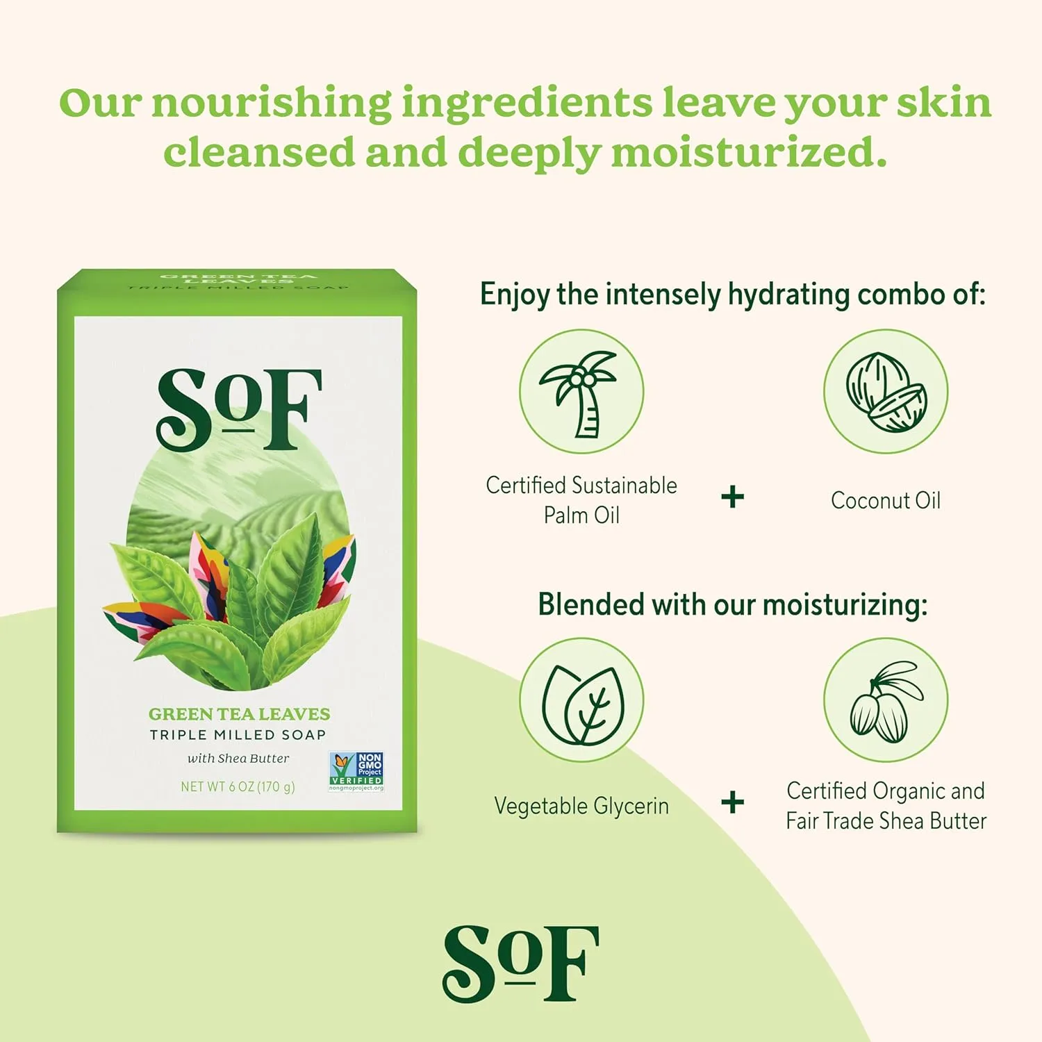 SoF Triple Milled Bar Soap - With Coconut Oil & Organic Shea Butter- Vegan & Non GMO- Free From Phthalates, Sulfates & Parabens- Green Tea Leaves - 6 oz Bar 6 Bars