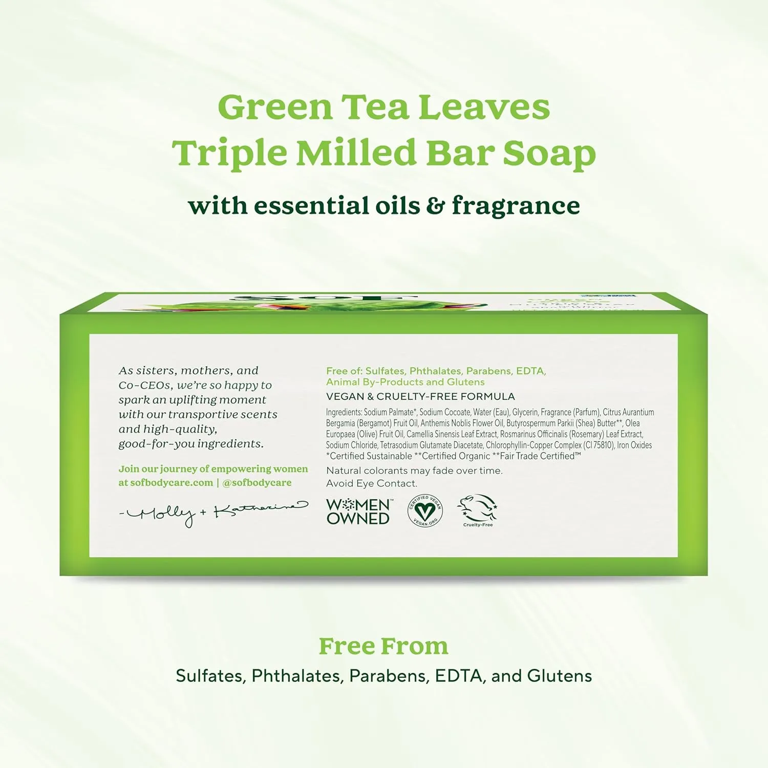 SoF Triple Milled Bar Soap - With Coconut Oil & Organic Shea Butter- Vegan & Non GMO- Free From Phthalates, Sulfates & Parabens- Green Tea Leaves - 6 oz Bar 6 Bars