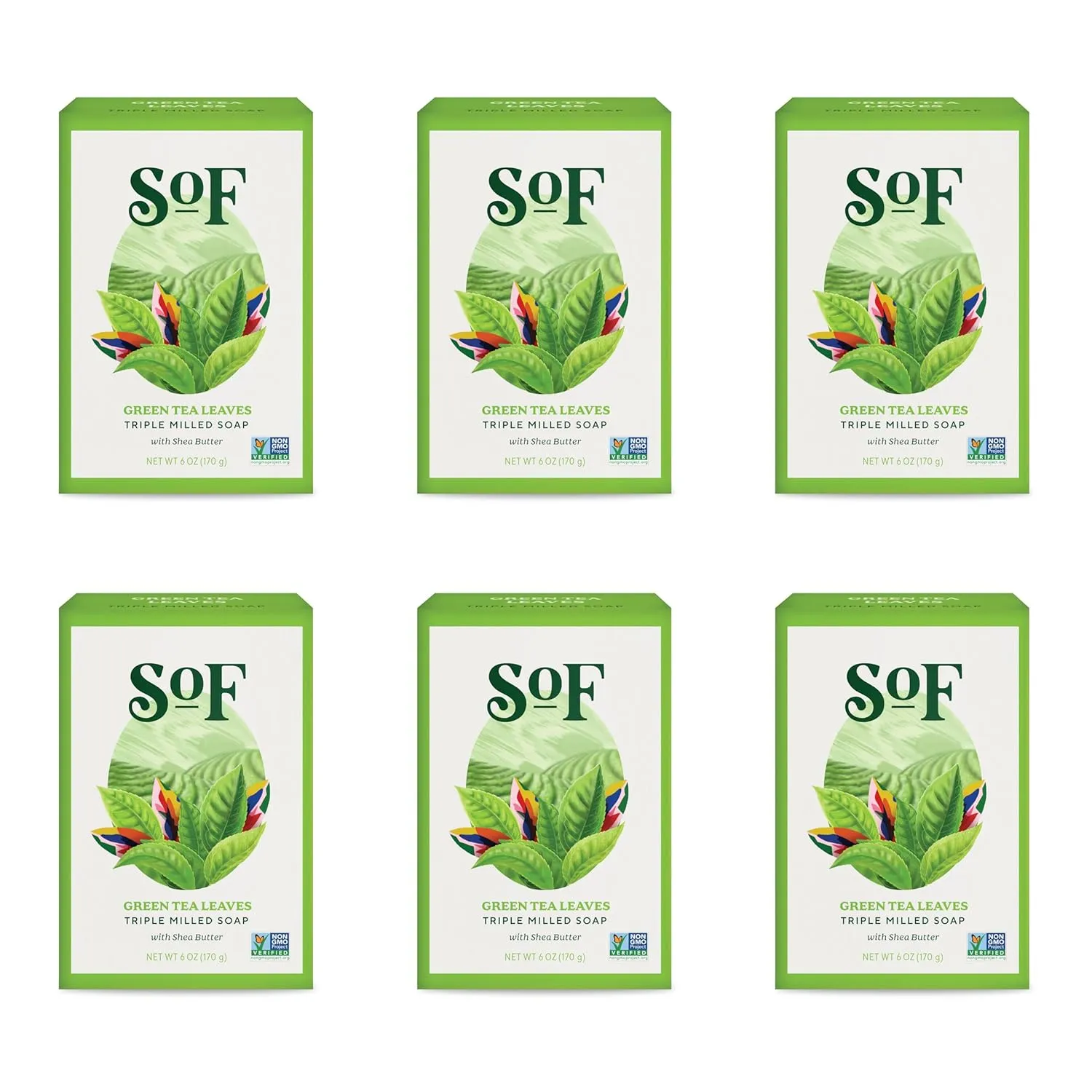 SoF Triple Milled Bar Soap - With Coconut Oil & Organic Shea Butter- Vegan & Non GMO- Free From Phthalates, Sulfates & Parabens- Green Tea Leaves - 6 oz Bar 6 Bars