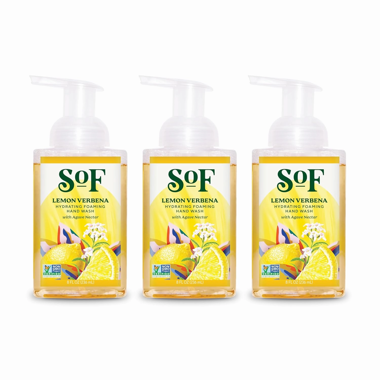 SoF Hydrating Foaming Hand Wash - With Organic Agave Nectar & Coconut Oil- Vegan & Non GMO- Free From Phthalates, Sulfates & Parabens- Lemon Verbena - 8 oz Bottle 3 Pack