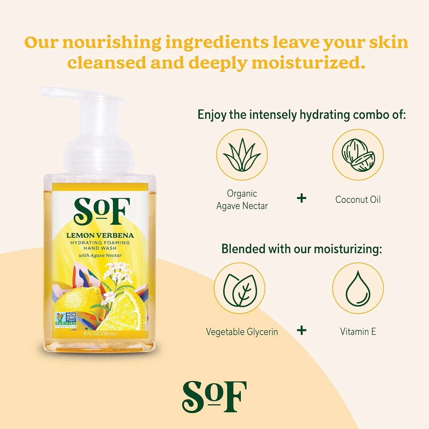 SoF Hydrating Foaming Hand Wash - With Organic Agave Nectar & Coconut Oil- Vegan & Non GMO- Free From Phthalates, Sulfates & Parabens- Lemon Verbena - 8 oz Bottle 3 Pack