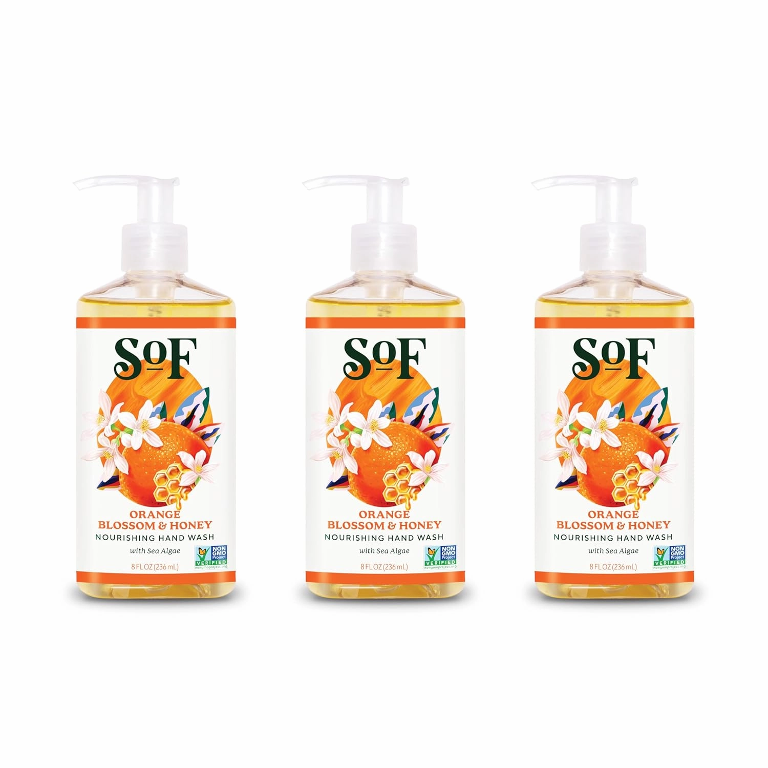 SoF Nourishing Hand Wash - With Moisturizing Sea Algae, Coconut & Olive Oil- Vegan & Non GMO- Free From Phthalates, Sulfates & Parabens- Orange Blossom & Honey - 8 oz Bottle 3 Pack