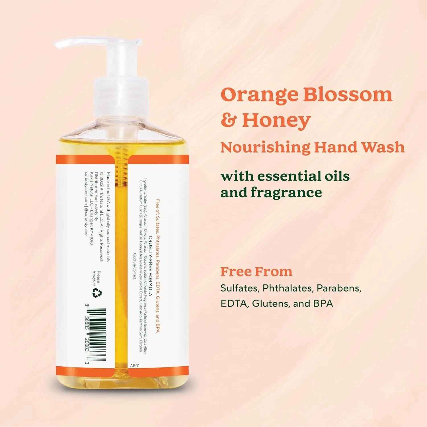 SoF Nourishing Hand Wash - With Moisturizing Sea Algae, Coconut & Olive Oil- Vegan & Non GMO- Free From Phthalates, Sulfates & Parabens- Orange Blossom & Honey - 8 oz Bottle 3 Pack