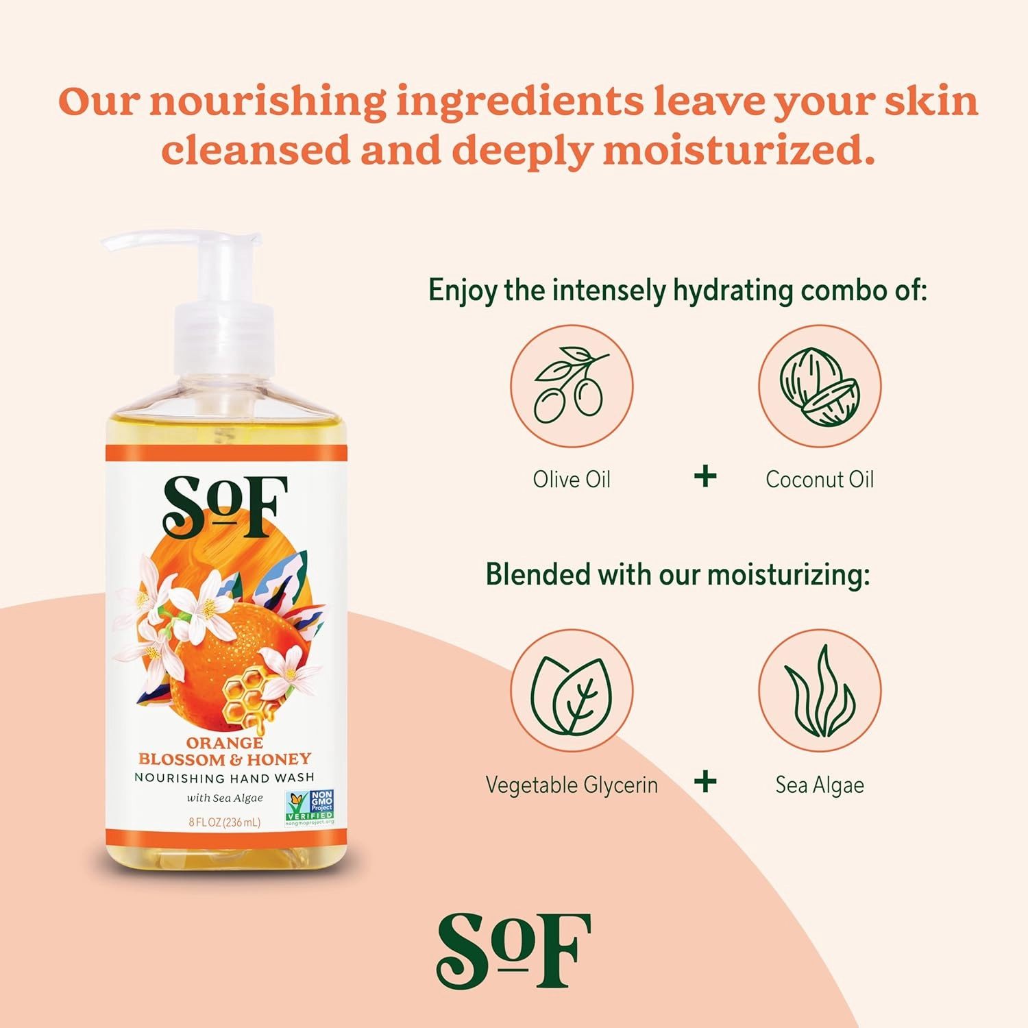 SoF Nourishing Hand Wash - With Moisturizing Sea Algae, Coconut & Olive Oil- Vegan & Non GMO- Free From Phthalates, Sulfates & Parabens- Orange Blossom & Honey - 8 oz Bottle 3 Pack