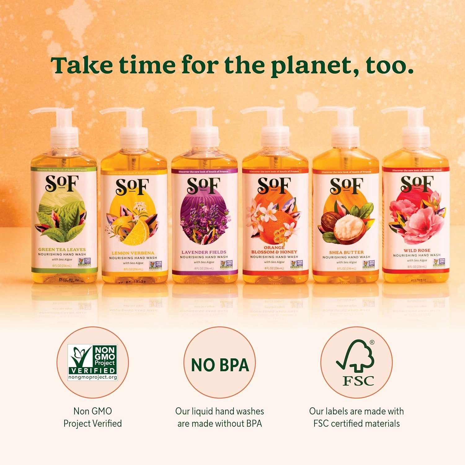SoF Nourishing Hand Wash - With Moisturizing Sea Algae, Coconut & Olive Oil- Vegan & Non GMO- Free From Phthalates, Sulfates & Parabens- Orange Blossom & Honey - 8 oz Bottle 3 Pack