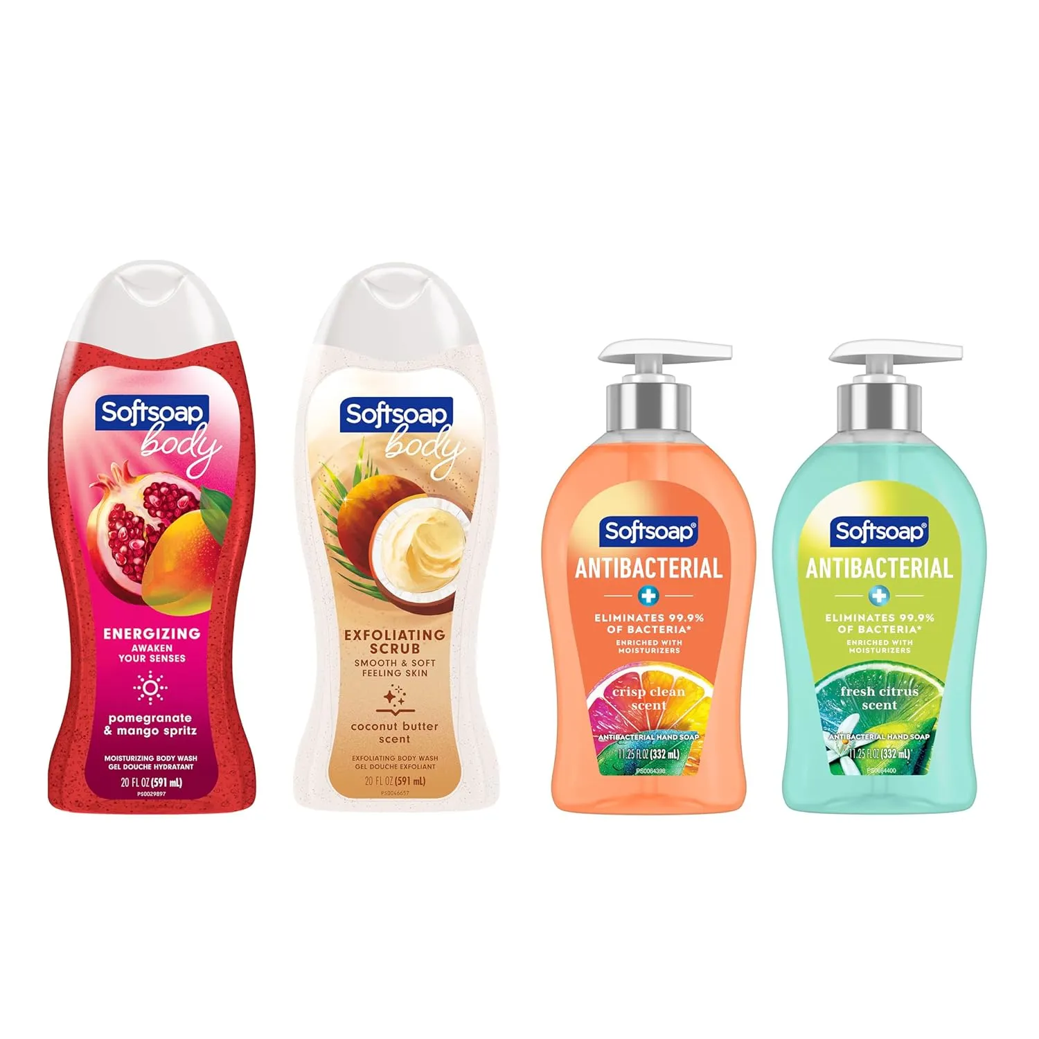 Softsoap Body Wash and Antibacterial Hand Soap Bundle with Pomegranate Mango Moisturizing Body Wash, Exfoliating Coconut Butter Scrub, Crisp Clean and Fresh Scent Hand Soaps, 4 Piece Set