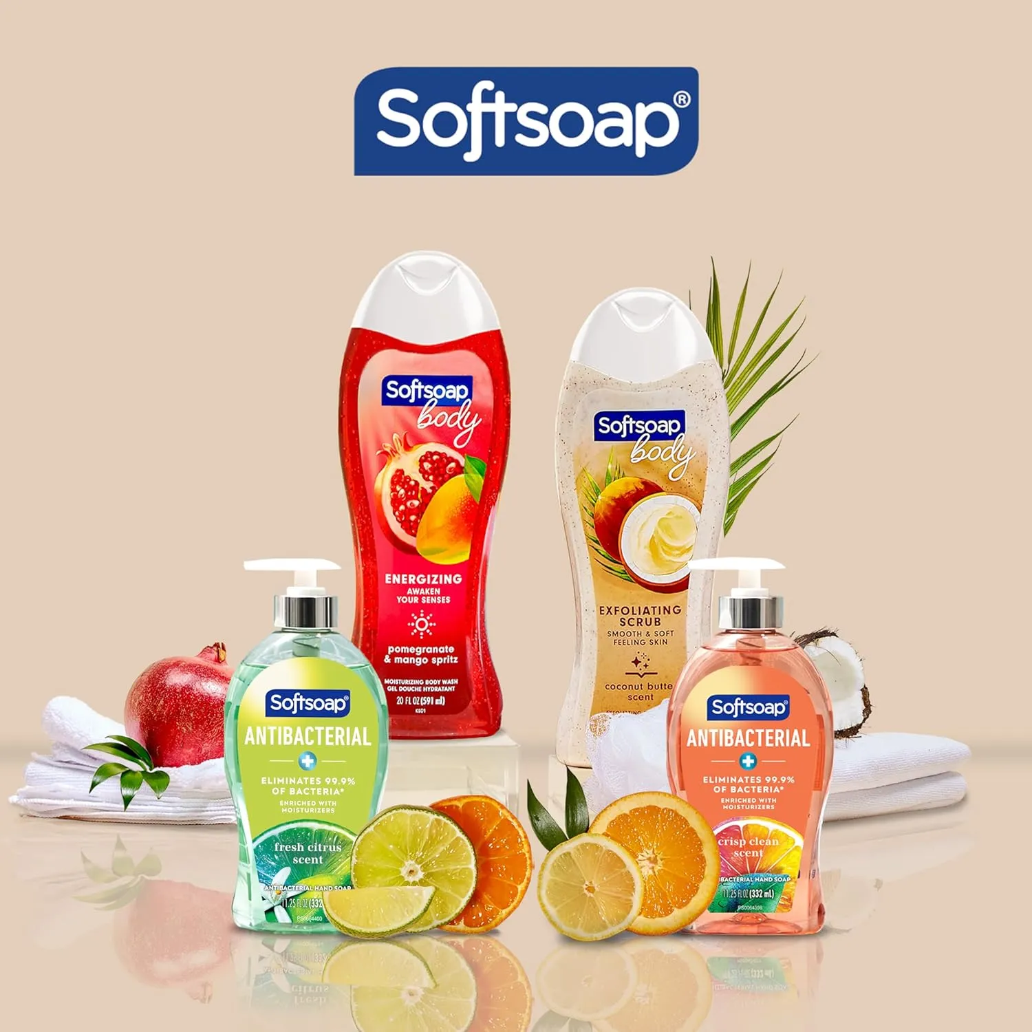 Softsoap Body Wash and Antibacterial Hand Soap Bundle with Pomegranate Mango Moisturizing Body Wash, Exfoliating Coconut Butter Scrub, Crisp Clean and Fresh Scent Hand Soaps, 4 Piece Set