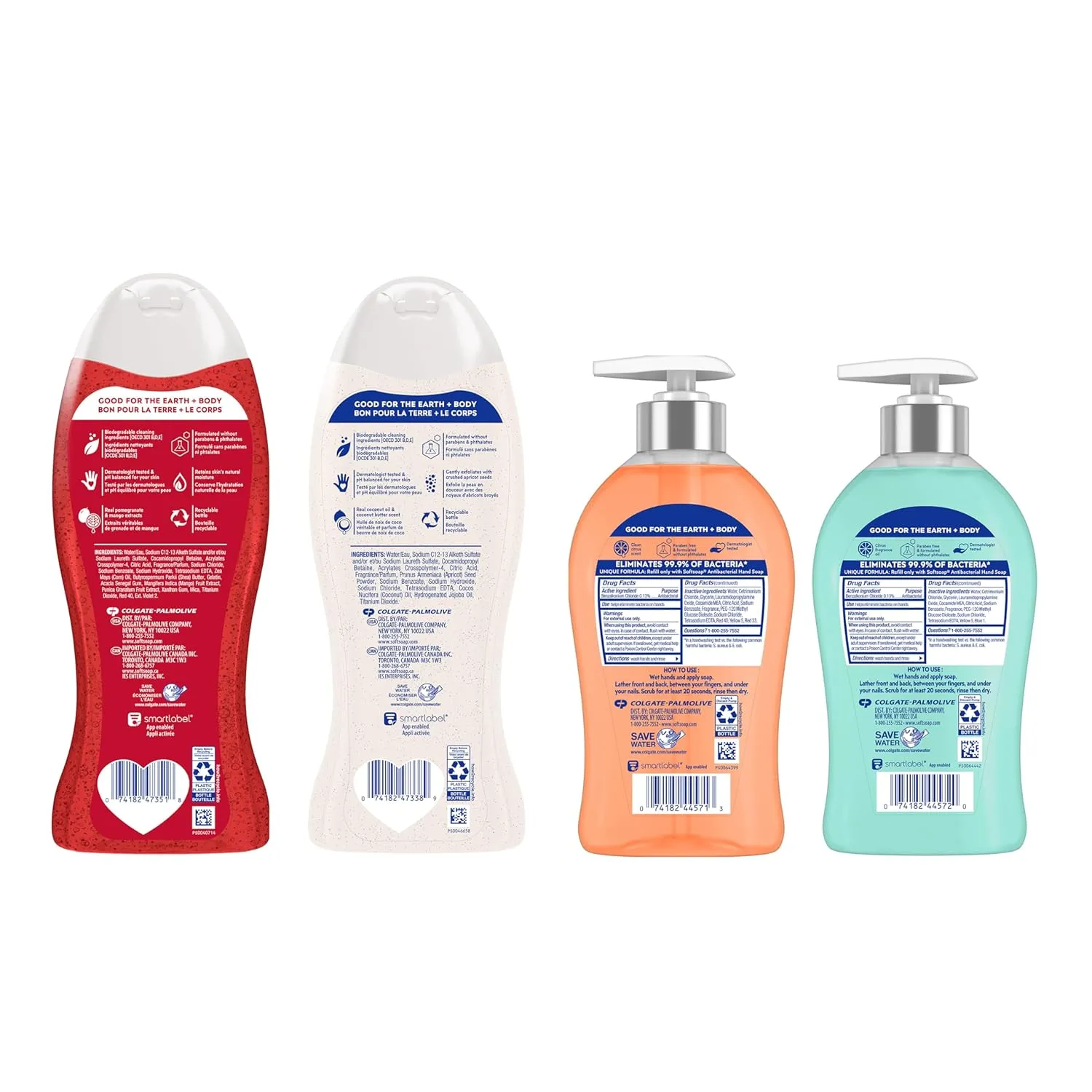 Softsoap Body Wash and Antibacterial Hand Soap Bundle with Pomegranate Mango Moisturizing Body Wash, Exfoliating Coconut Butter Scrub, Crisp Clean and Fresh Scent Hand Soaps, 4 Piece Set