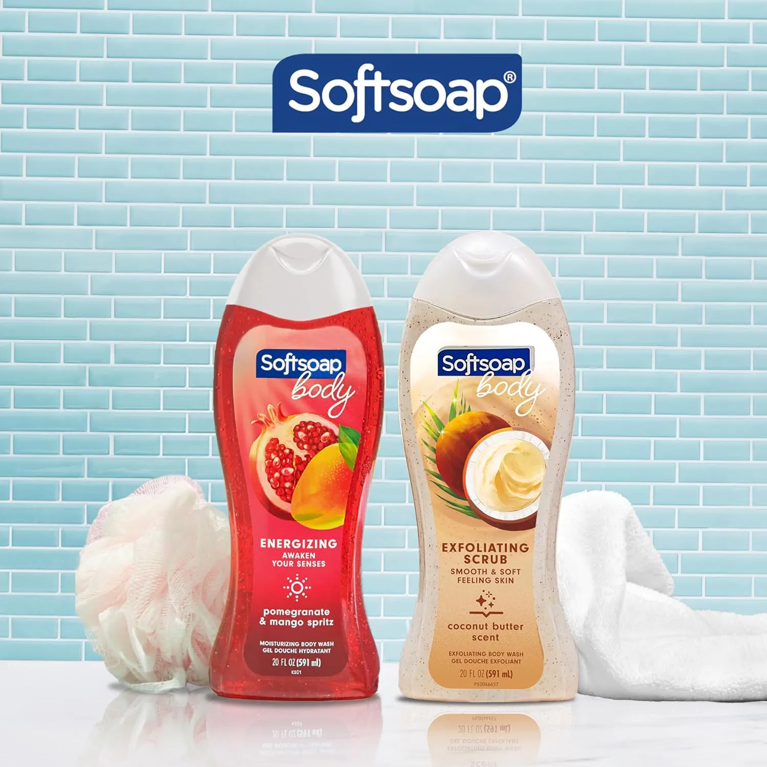 Softsoap Body Wash and Antibacterial Hand Soap Bundle with Pomegranate Mango Moisturizing Body Wash, Exfoliating Coconut Butter Scrub, Crisp Clean and Fresh Scent Hand Soaps, 4 Piece Set