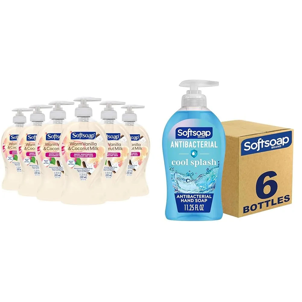 Softsoap Warm Vanilla & Coconut Milk Scent Liquid Hand Soap, Moisturizing Liquid Hand Soap, 11.25 Ounce, 6 Pack & Clean & Protect Antibacterial Liquid Hand Soap, Cool Splash Hand Soap