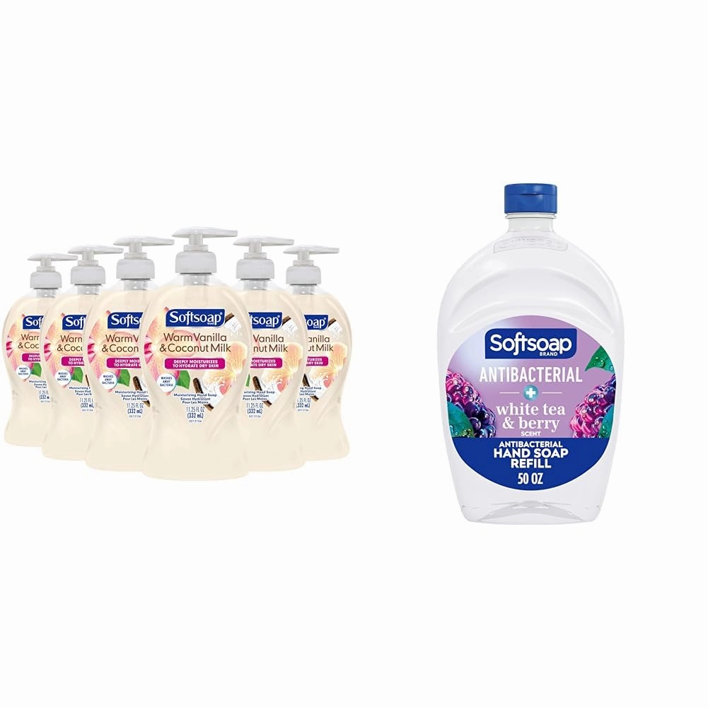 Softsoap Warm Vanilla & Coconut Milk Hand Soap, 6 Pack 11.25oz Each & Antibacterial White Tea & Berry Hand Soap Refill 50oz