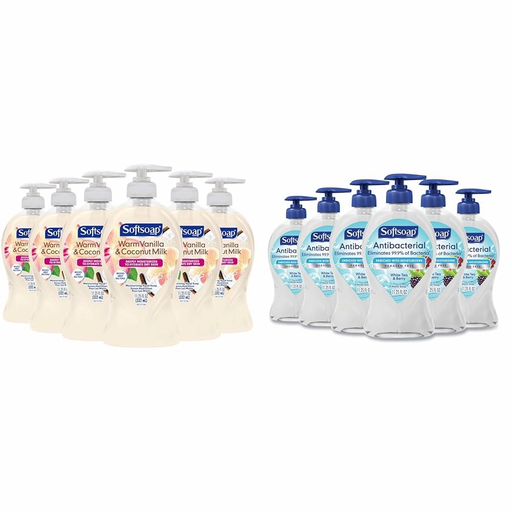 Softsoap Warm Vanilla & Coconut Milk Scent Liquid Hand Soap, Moisturizing Liquid Hand Soap, 11.25 Ounce, 6 Pack & Antibacterial Liquid Hand Soap, White Tea & Berry Scent Hand Soap, 11.25 Ounce, 6 Pack