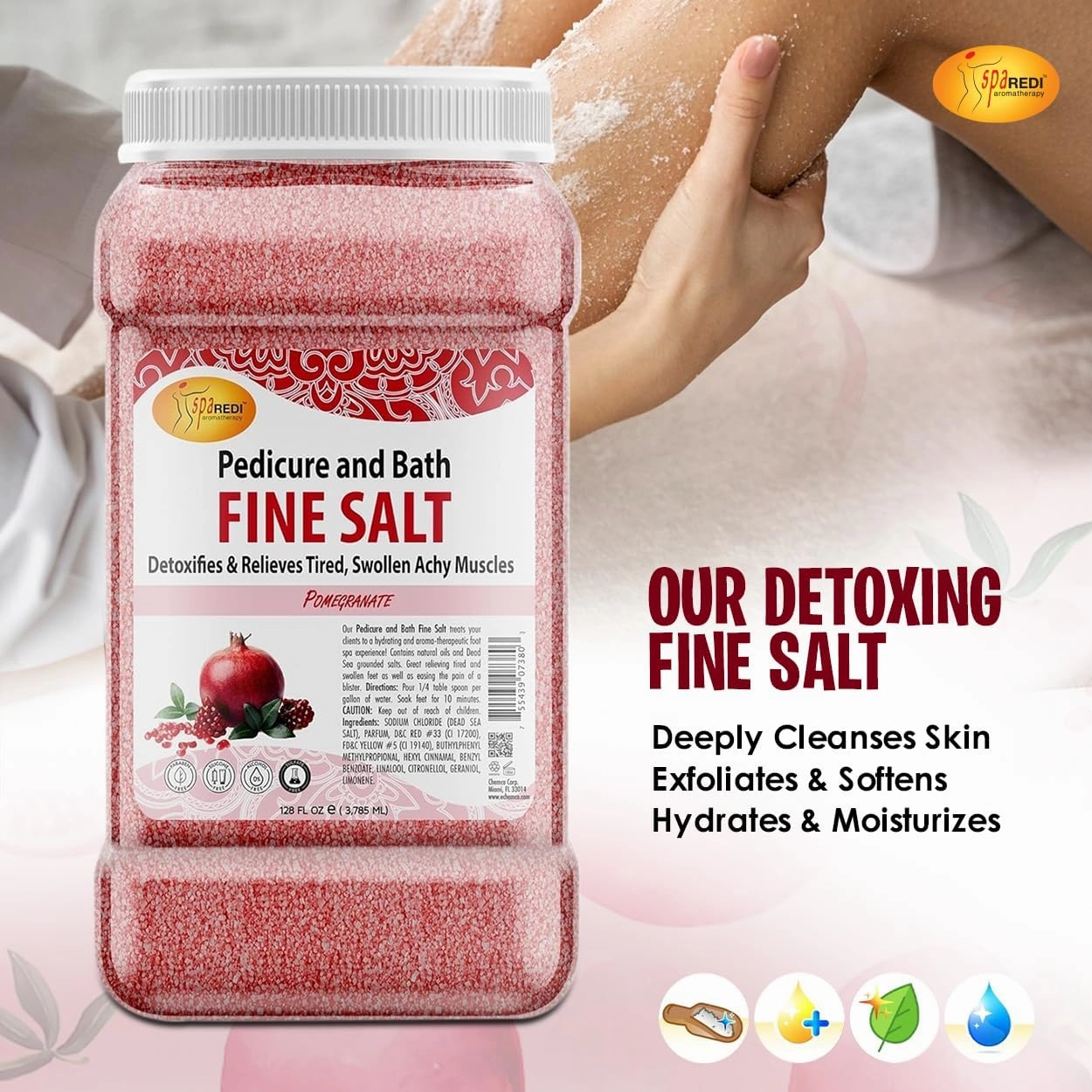 SPA REDI - Detox Foot Soak Pedicure and Bath Fine Salt, Pomegranate, 128 Oz - Made with Dead Sea Salts, Argan Oil, Coconut Oil, and Essential Oil - Hydrates, Softens and Moisturizes