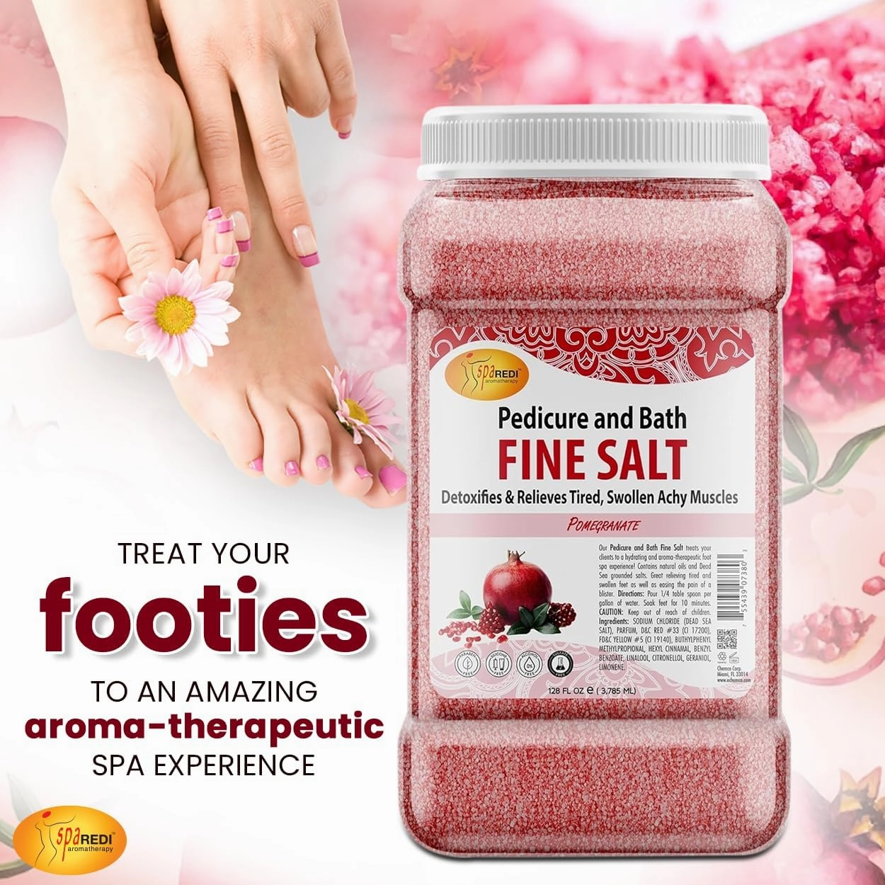 SPA REDI - Detox Foot Soak Pedicure and Bath Fine Salt, Pomegranate, 128 Oz - Made with Dead Sea Salts, Argan Oil, Coconut Oil, and Essential Oil - Hydrates, Softens and Moisturizes