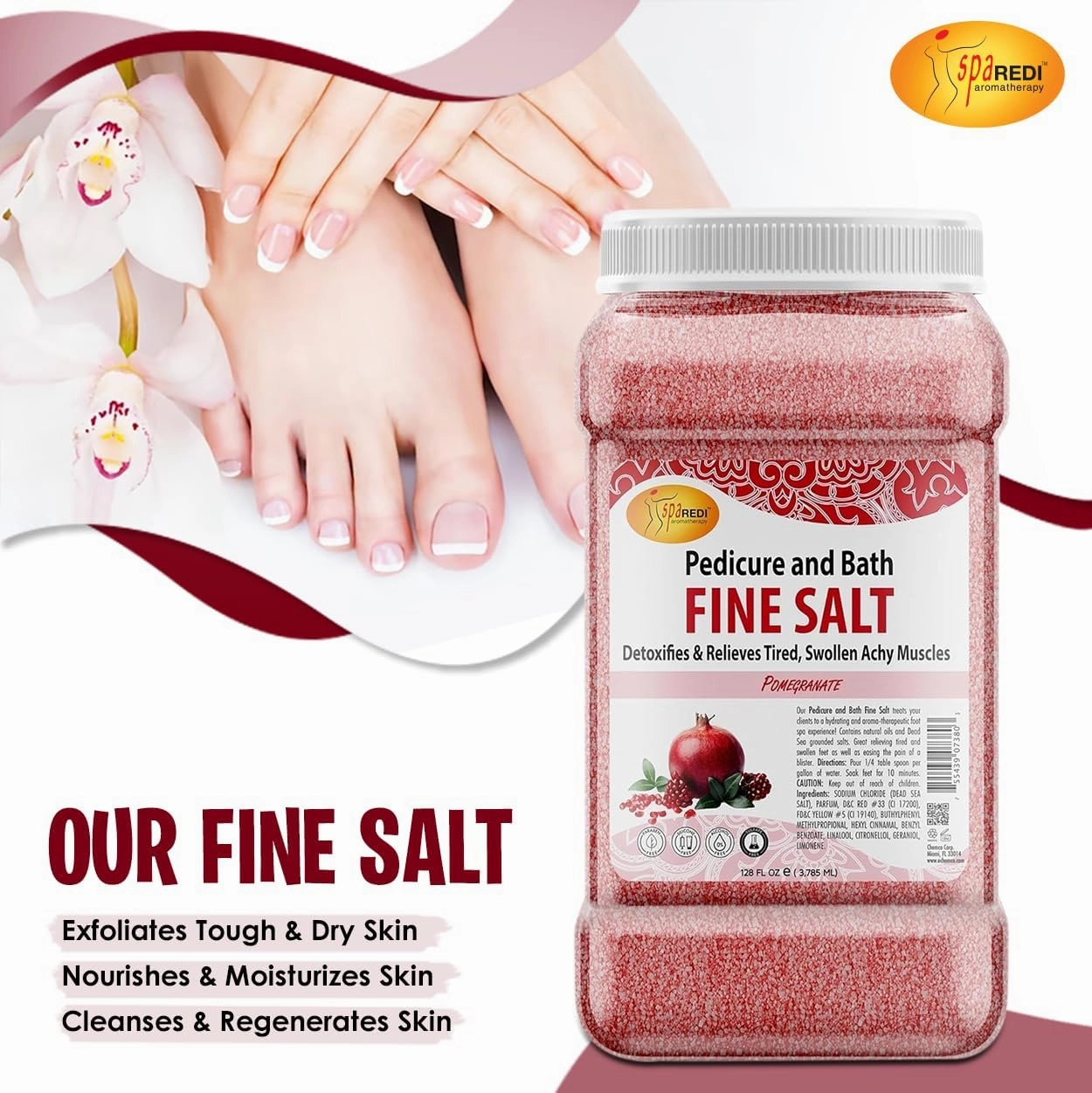 SPA REDI - Detox Foot Soak Pedicure and Bath Fine Salt, Pomegranate, 128 Oz - Made with Dead Sea Salts, Argan Oil, Coconut Oil, and Essential Oil - Hydrates, Softens and Moisturizes